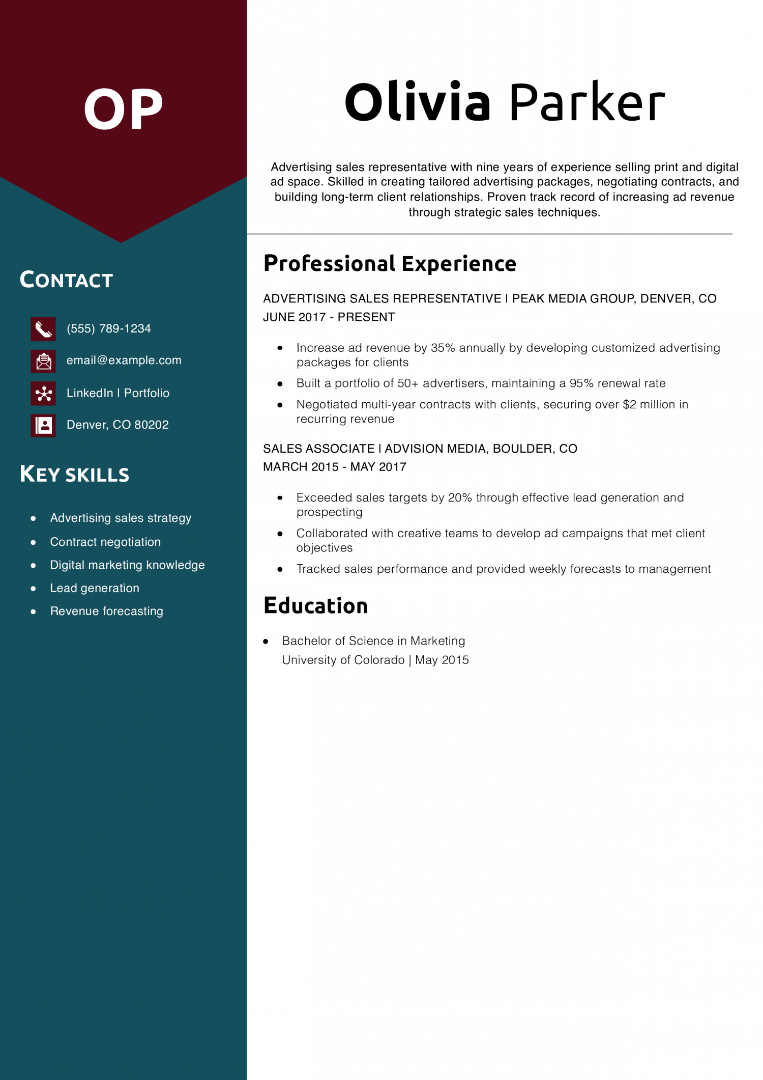 Advertising Sales Representative Resume Example