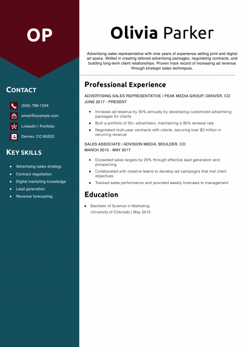 Advertising Sales Representative Resume Example
