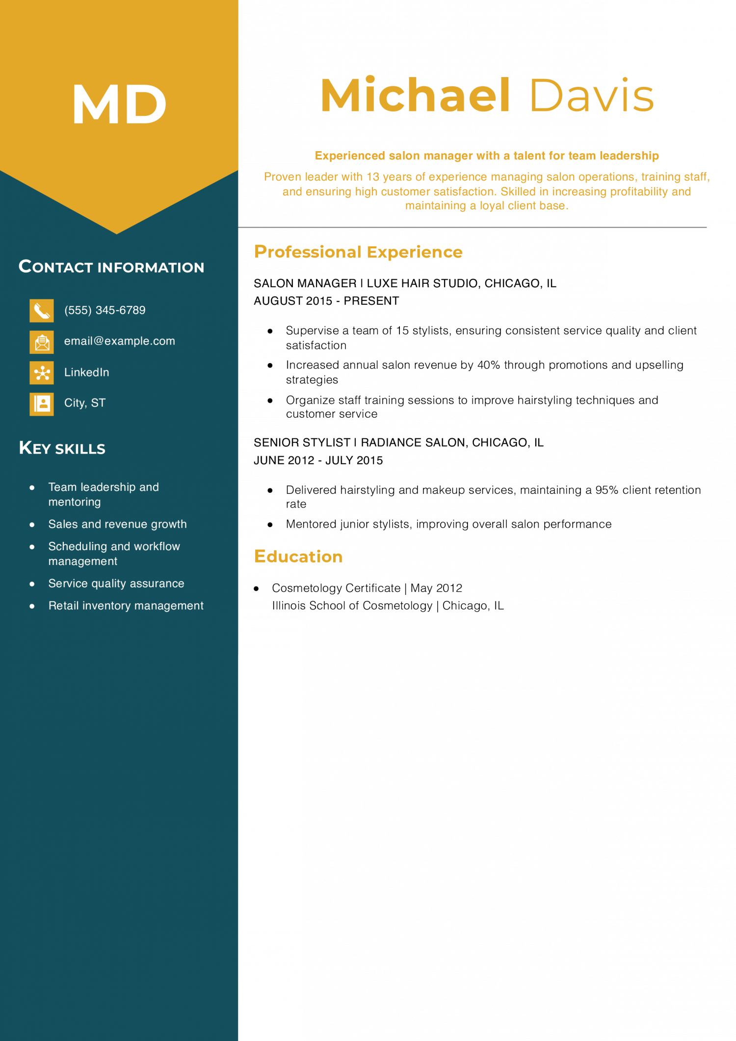 Salon Manager Resume Example