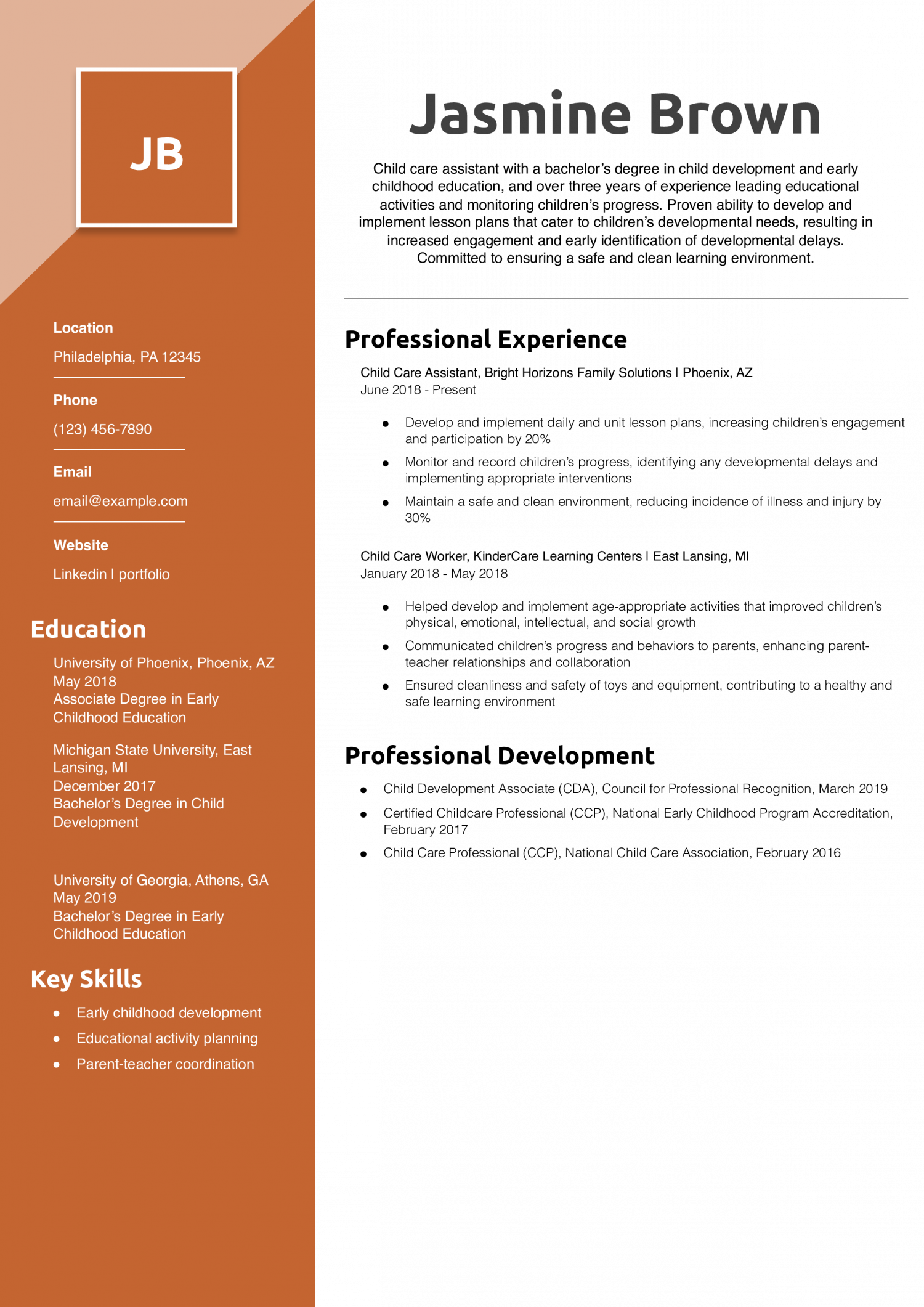 Child Care Assistant Resume Example