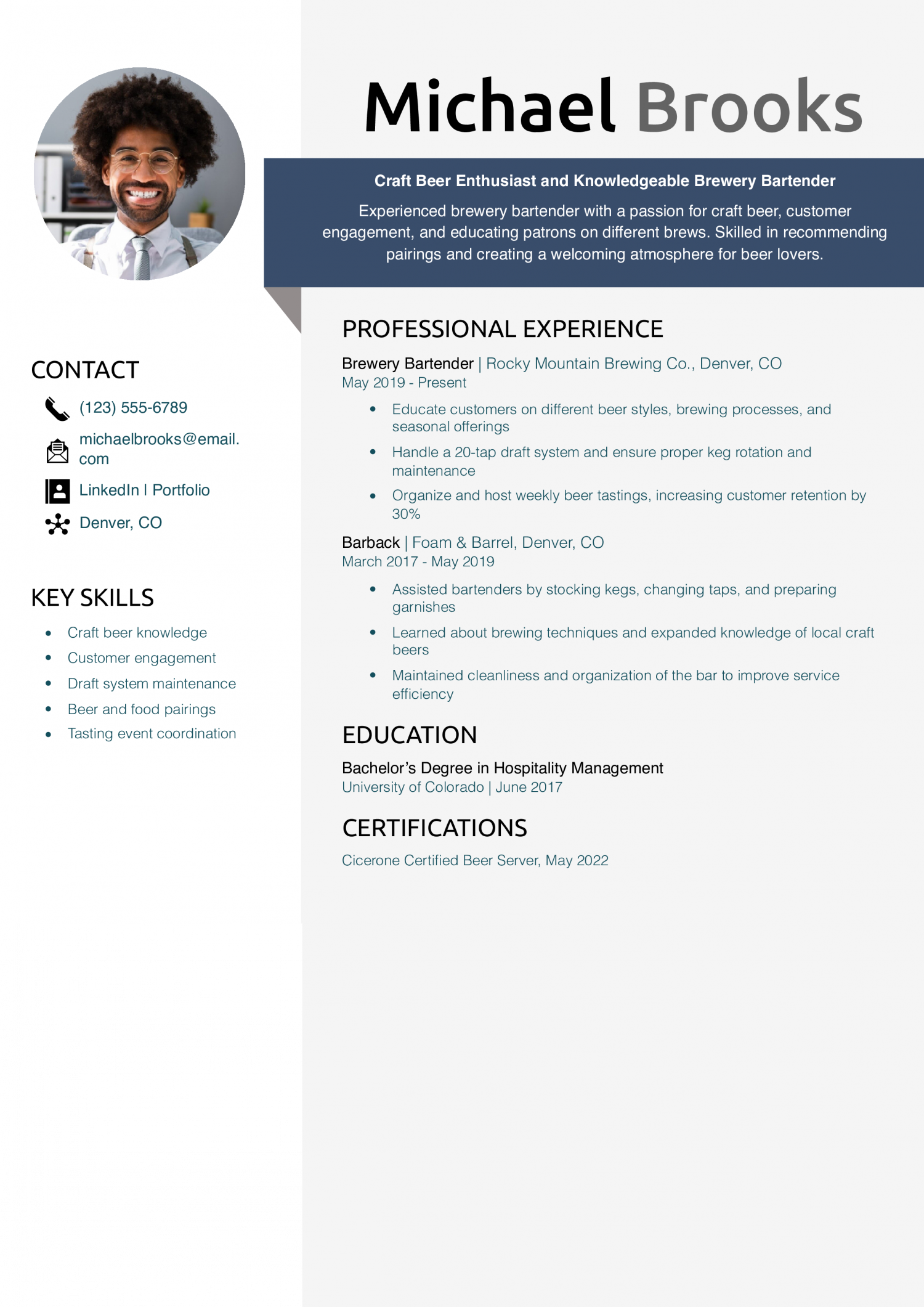 Brewery Bartender Resume Example