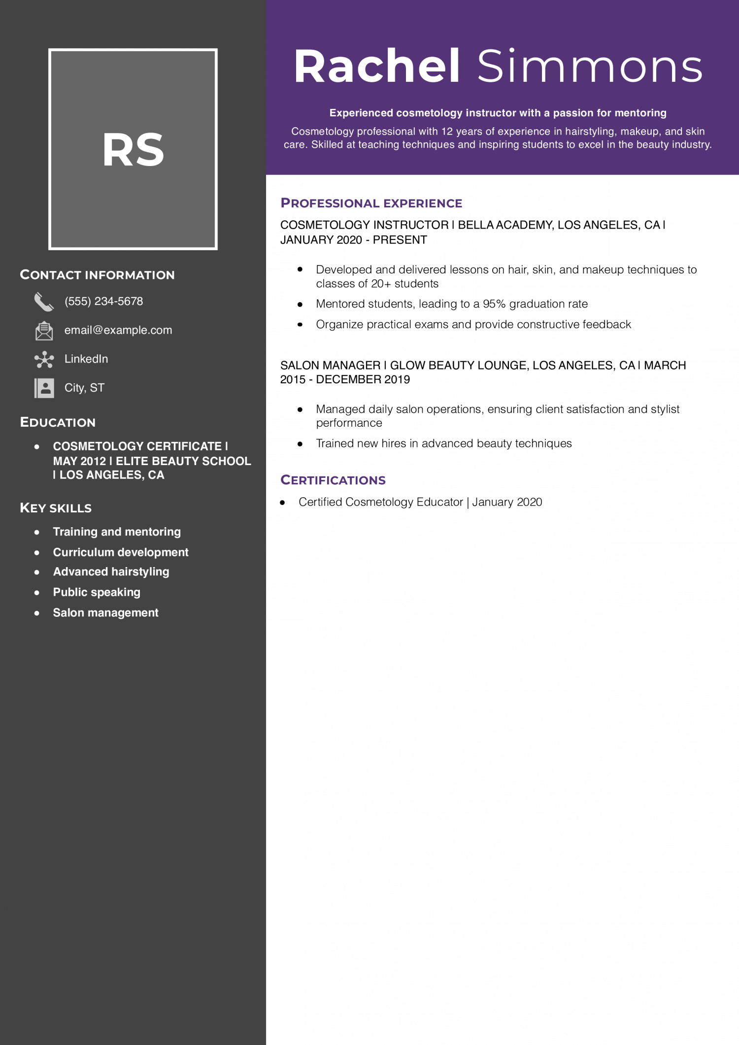 Senior Cosmetology Instructor Resume Example