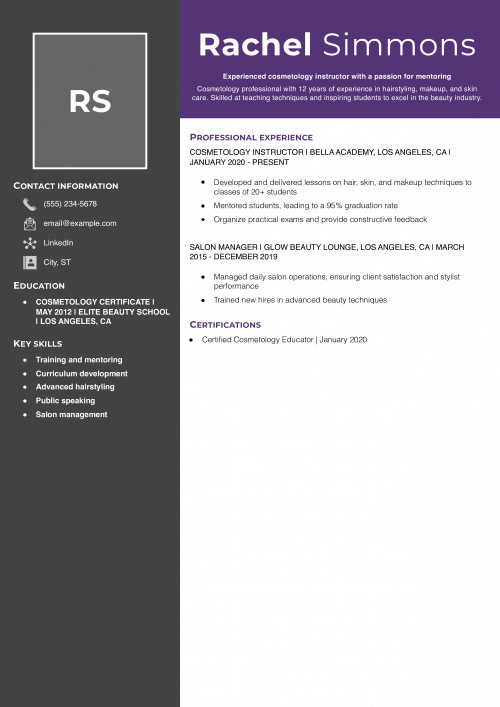 Senior Cosmetology Instructor Resume Example