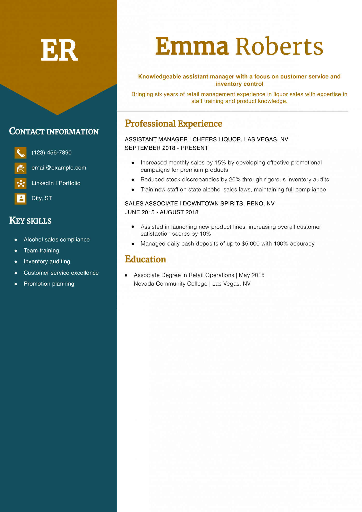 Liquor Store Assistant Manager Resume Example