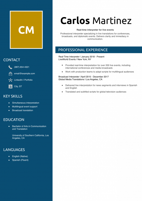 Real-Time Interpreter Resume Example
