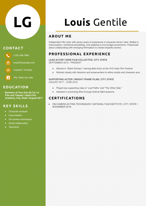 Independent Film Actor Resume Example