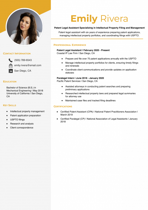 Patent Legal Assistant Resume Example