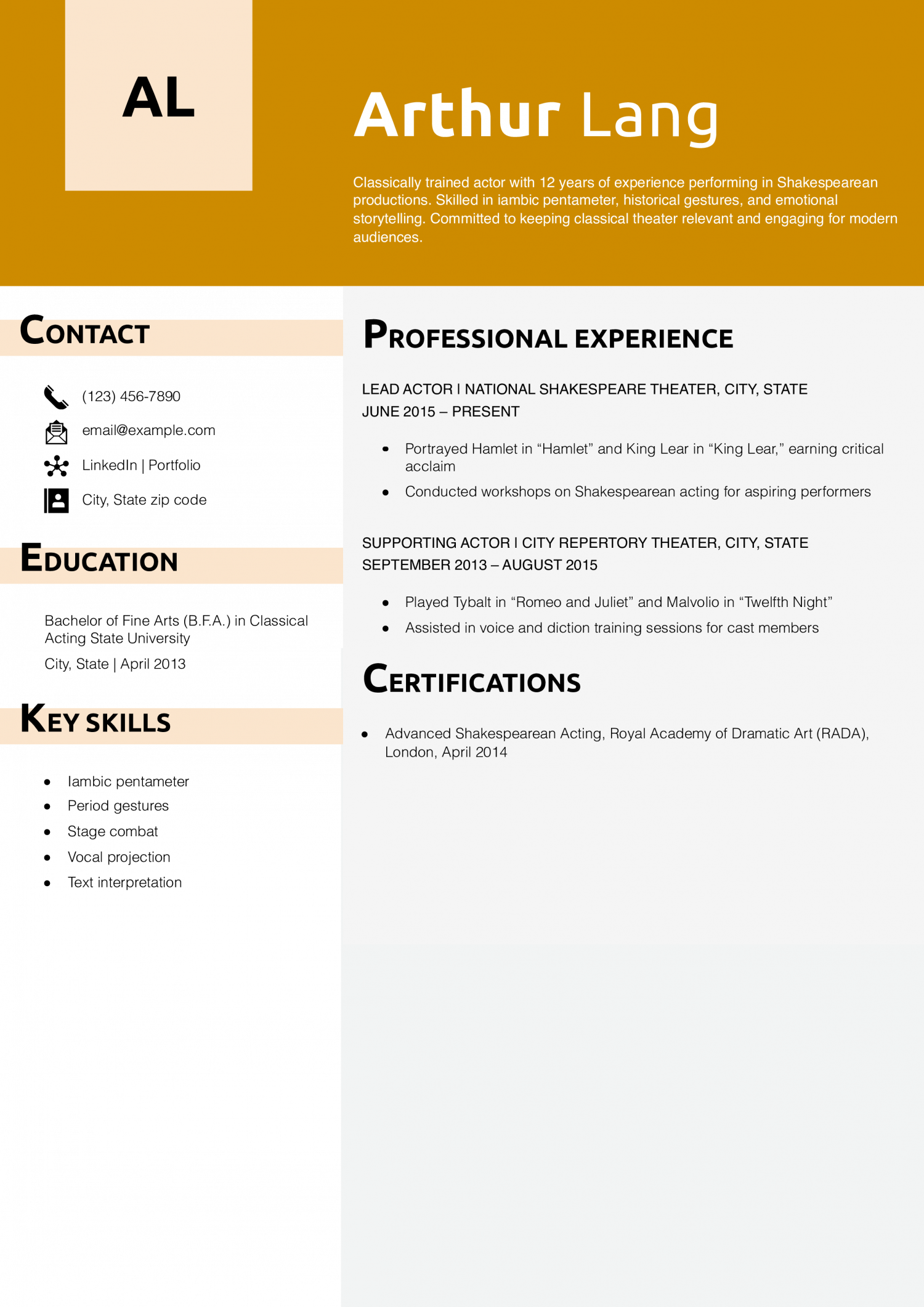 Shakespearean Stage Actor Resume Example