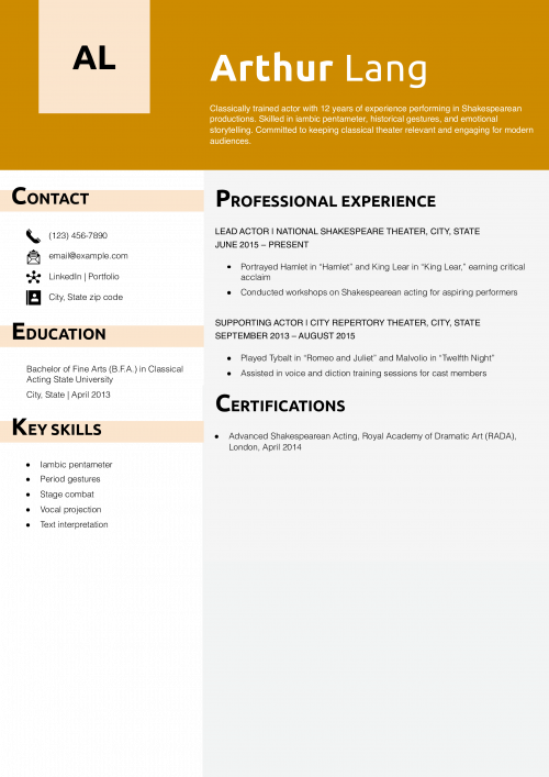 Shakespearean Stage Actor Resume Example