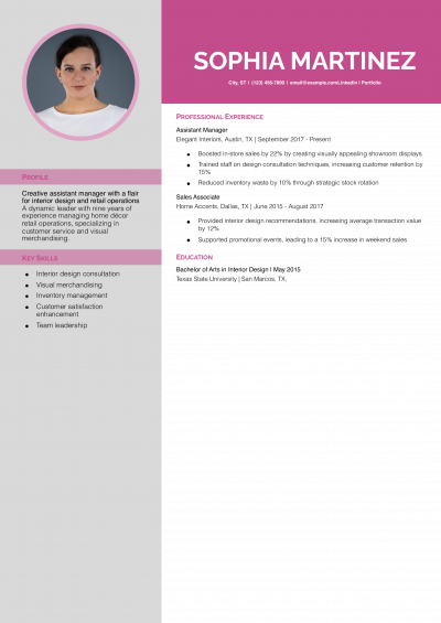 Home Décor Store Assistant Manager Resume Example