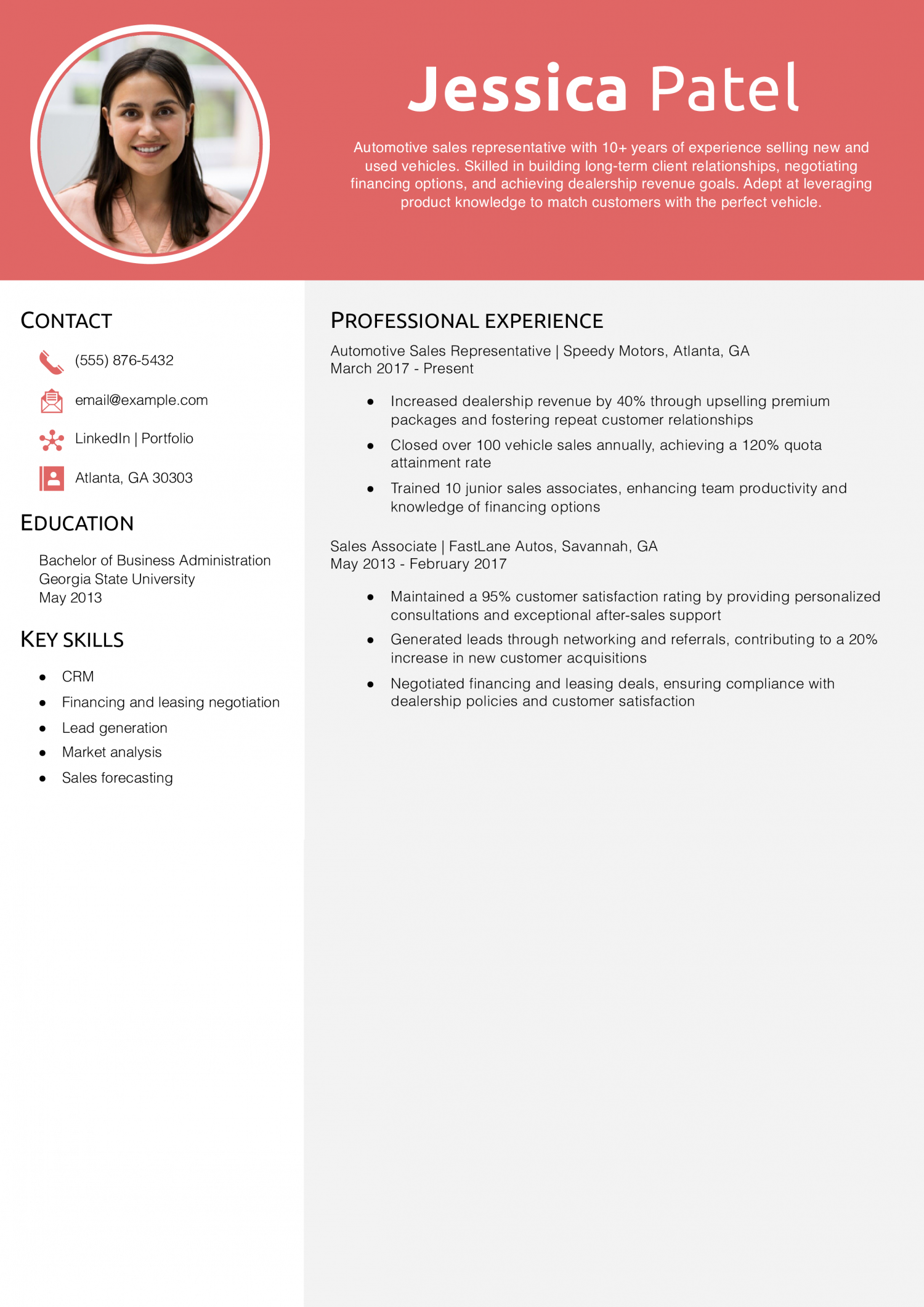  Automotive Sales Representative Resume Example