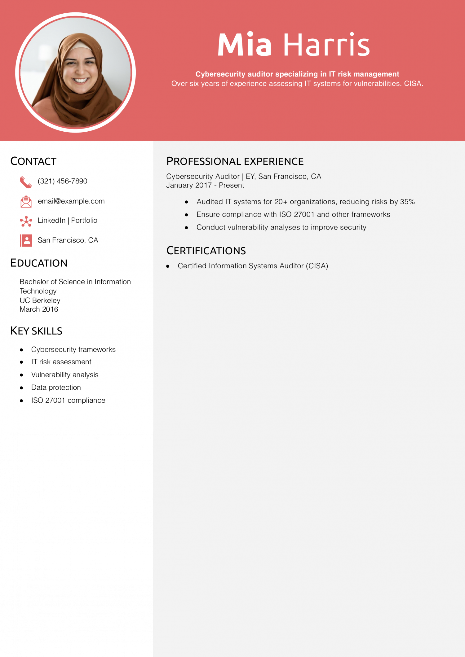 Cybersecurity Auditor Resume Example