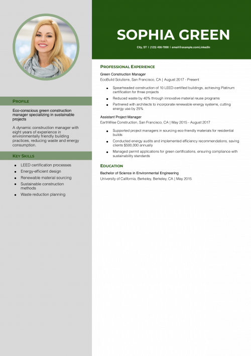Green Construction Manager Resume Example