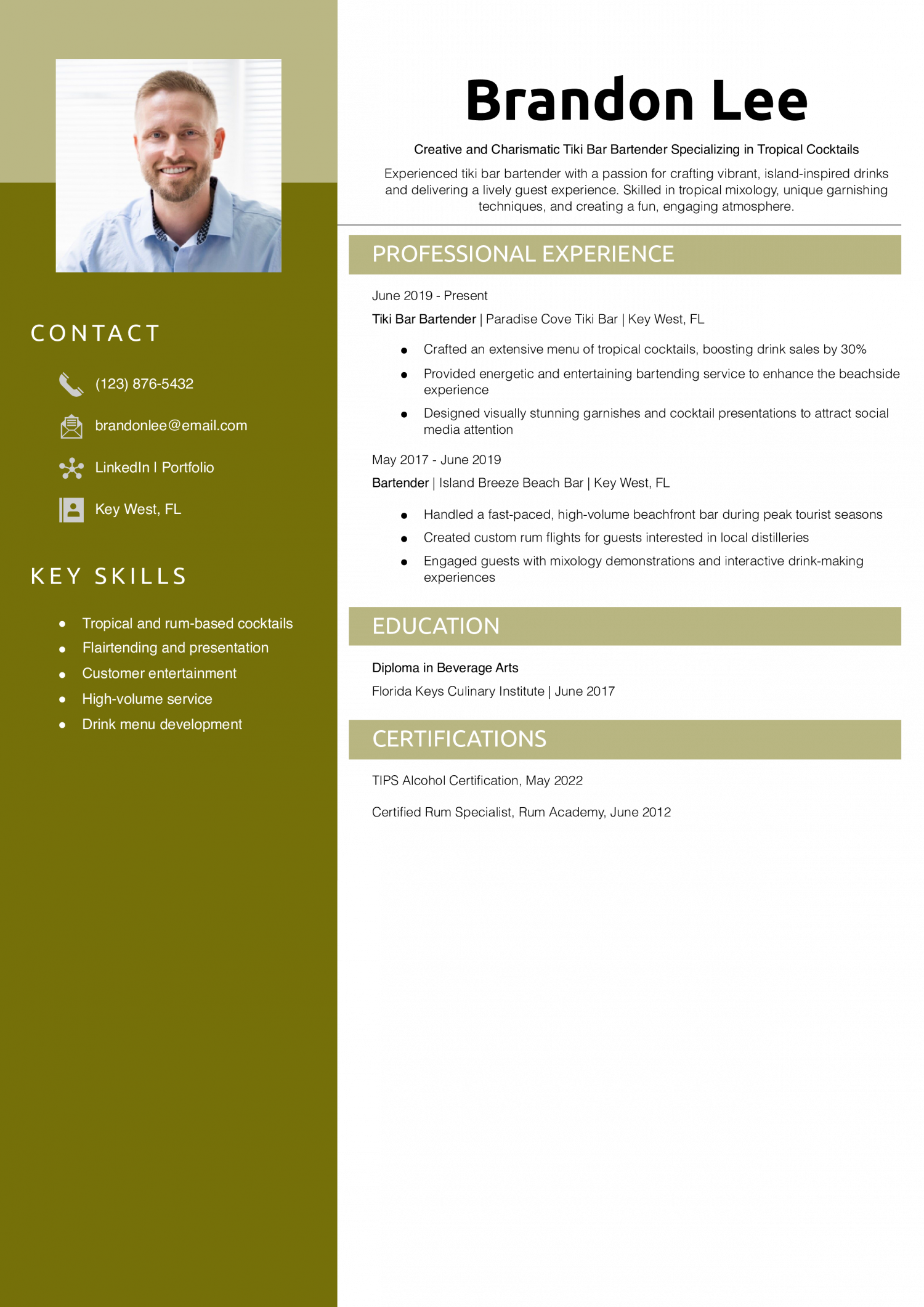 Tiki Bar Bartender Resume Example