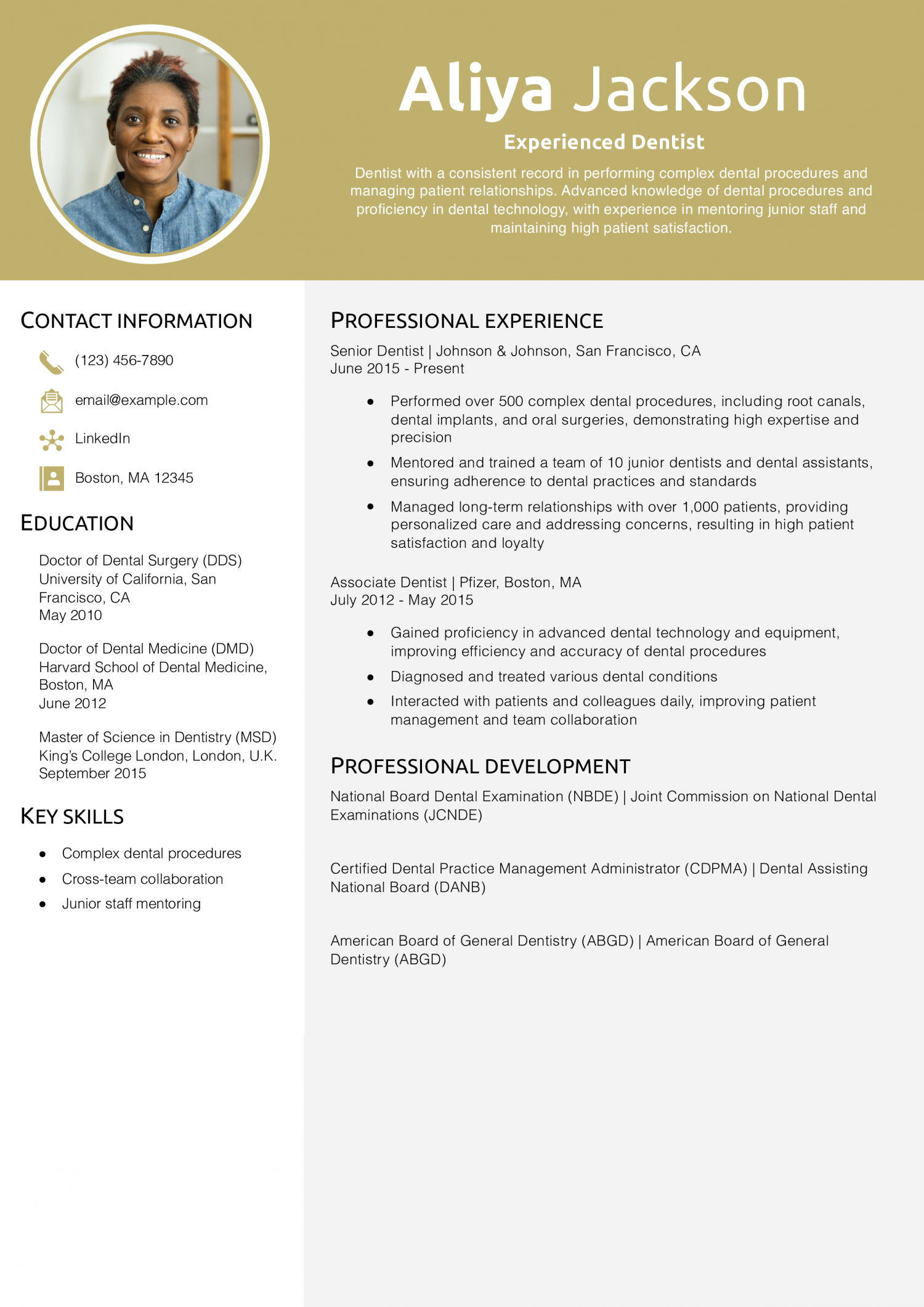 Experienced Dentist Resume Example
