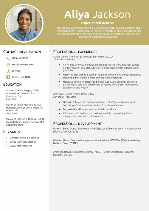 Experienced Dentist Resume Example