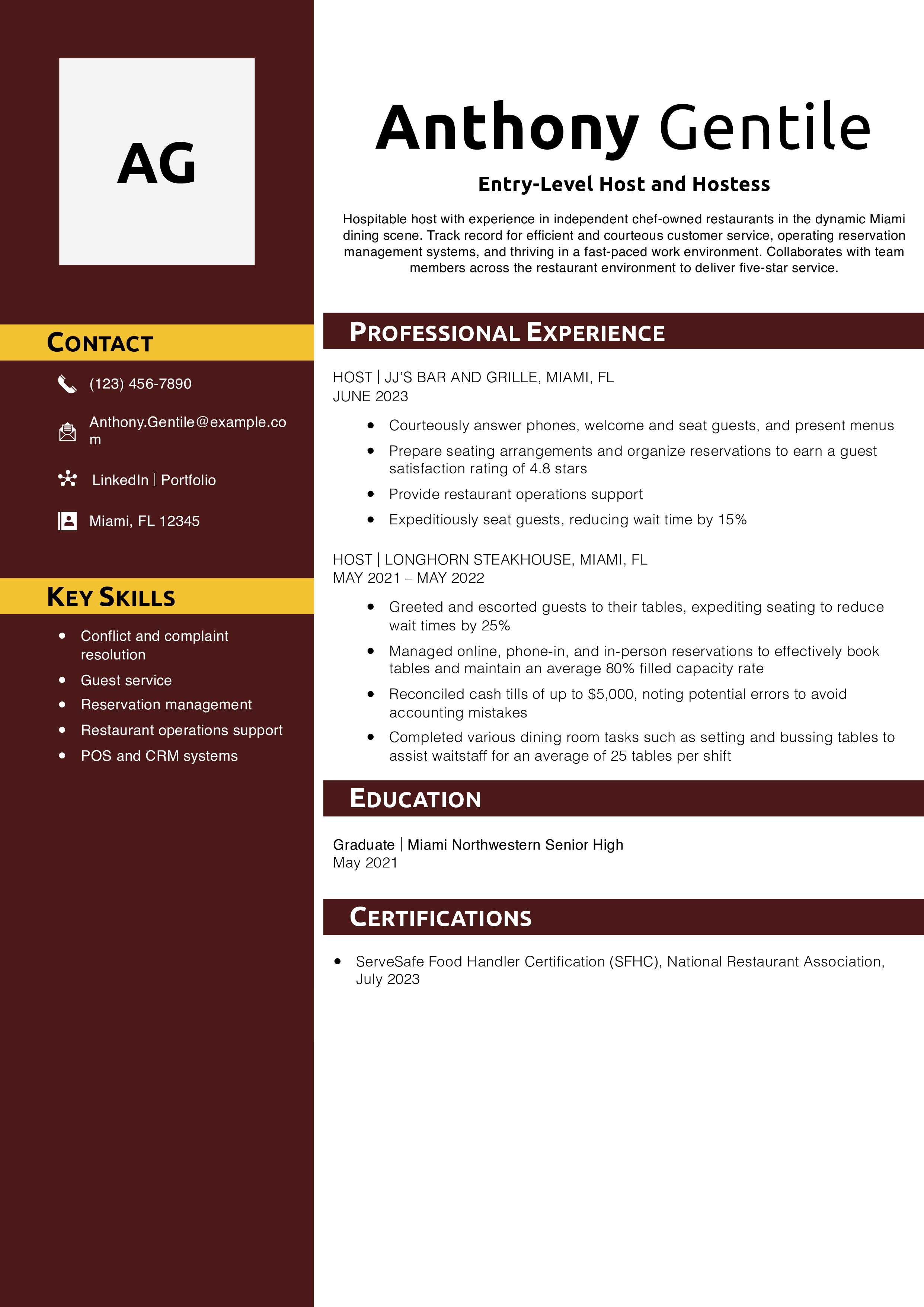 Entry-Level Host and Hostess Resume Example