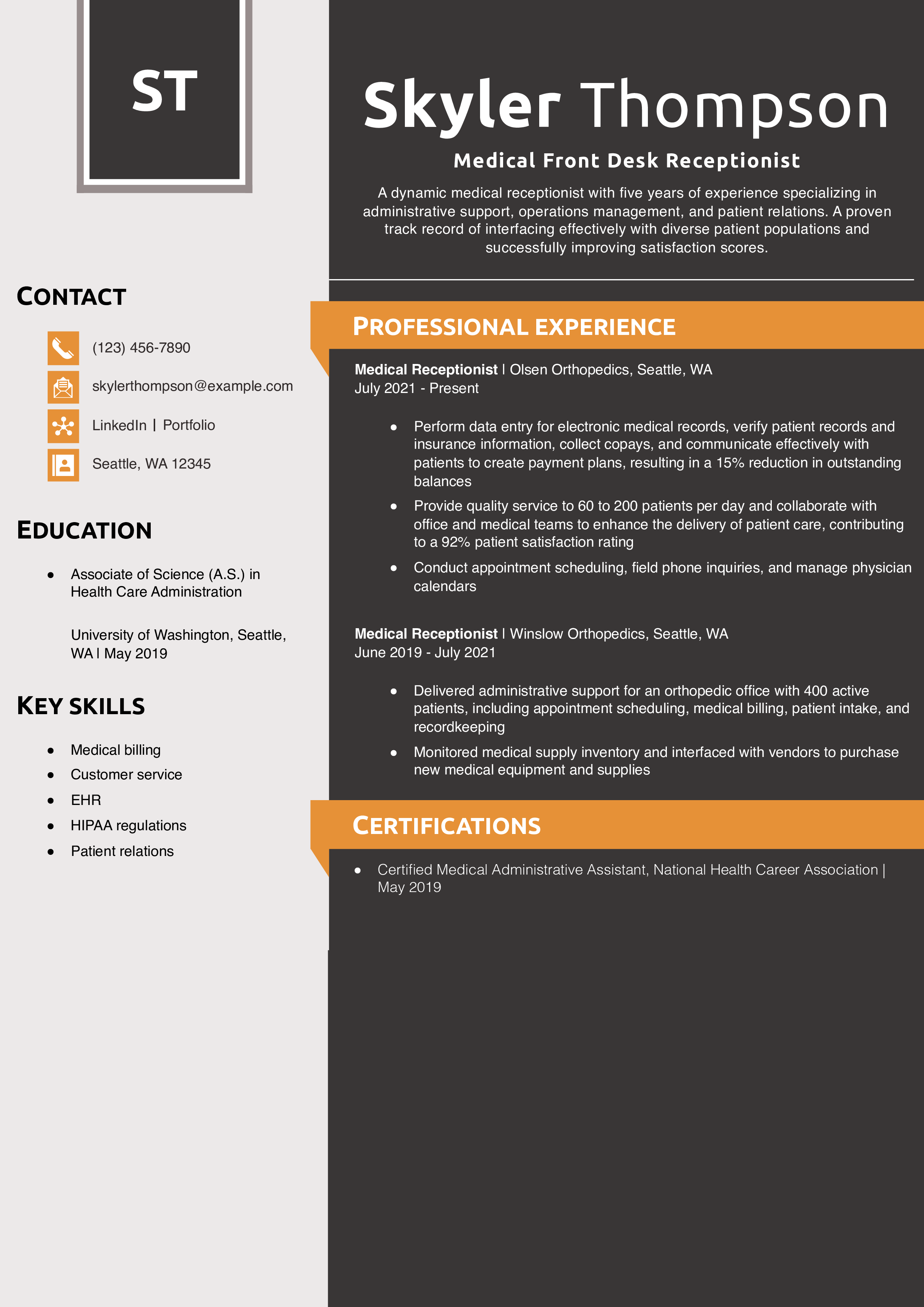 Medical Front Desk Receptionist Resume Example