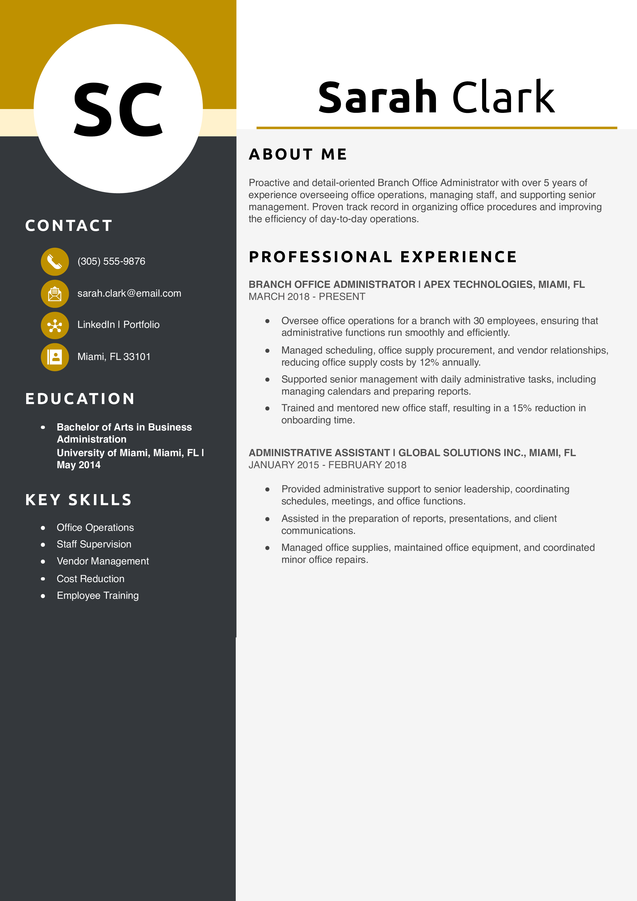 Branch Office Administrator Resume Example