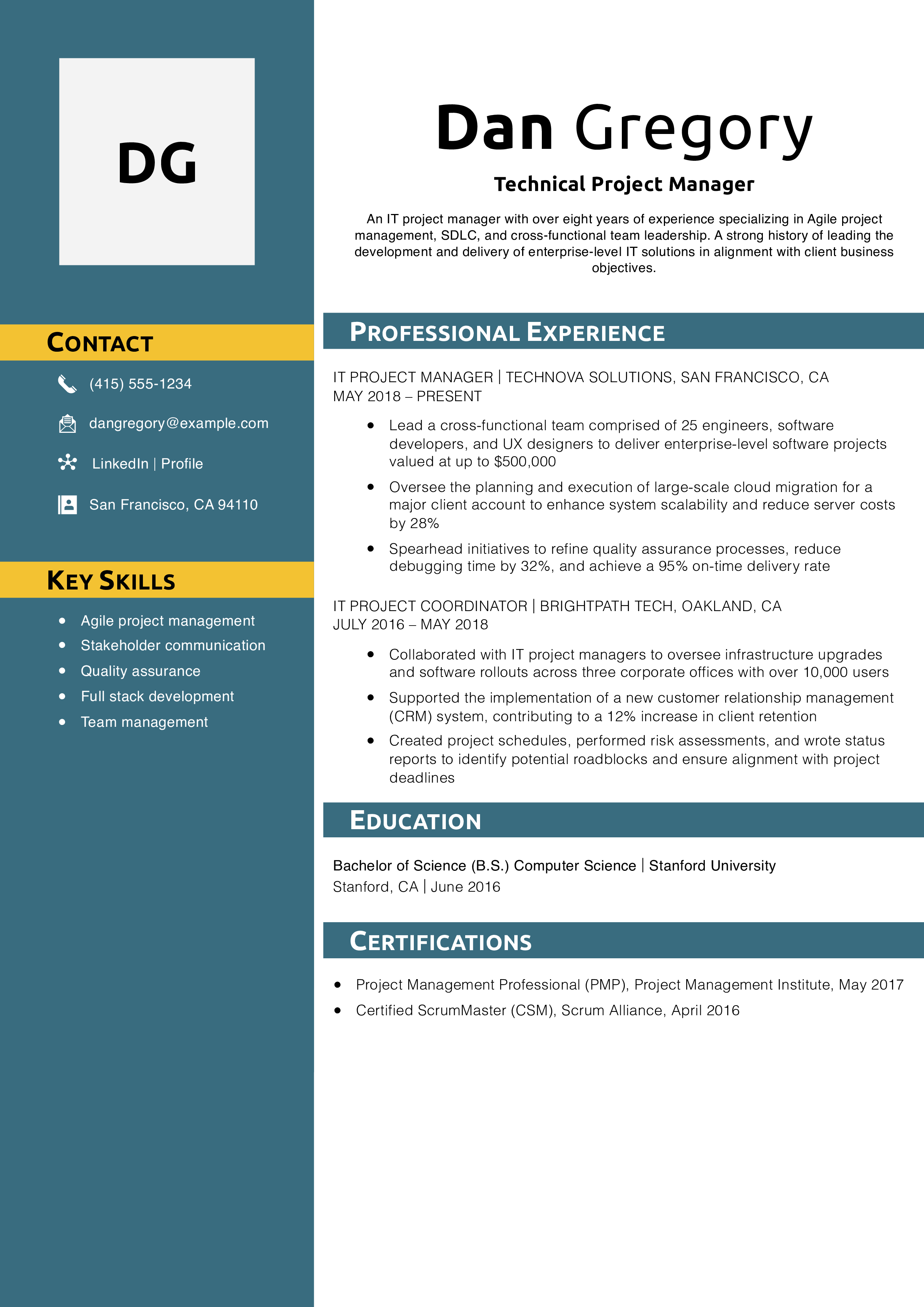 Technical Project Manager Resume Example