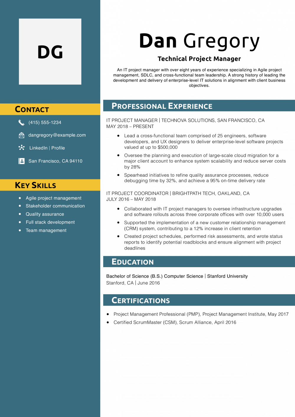 Technical Project Manager Resume Example