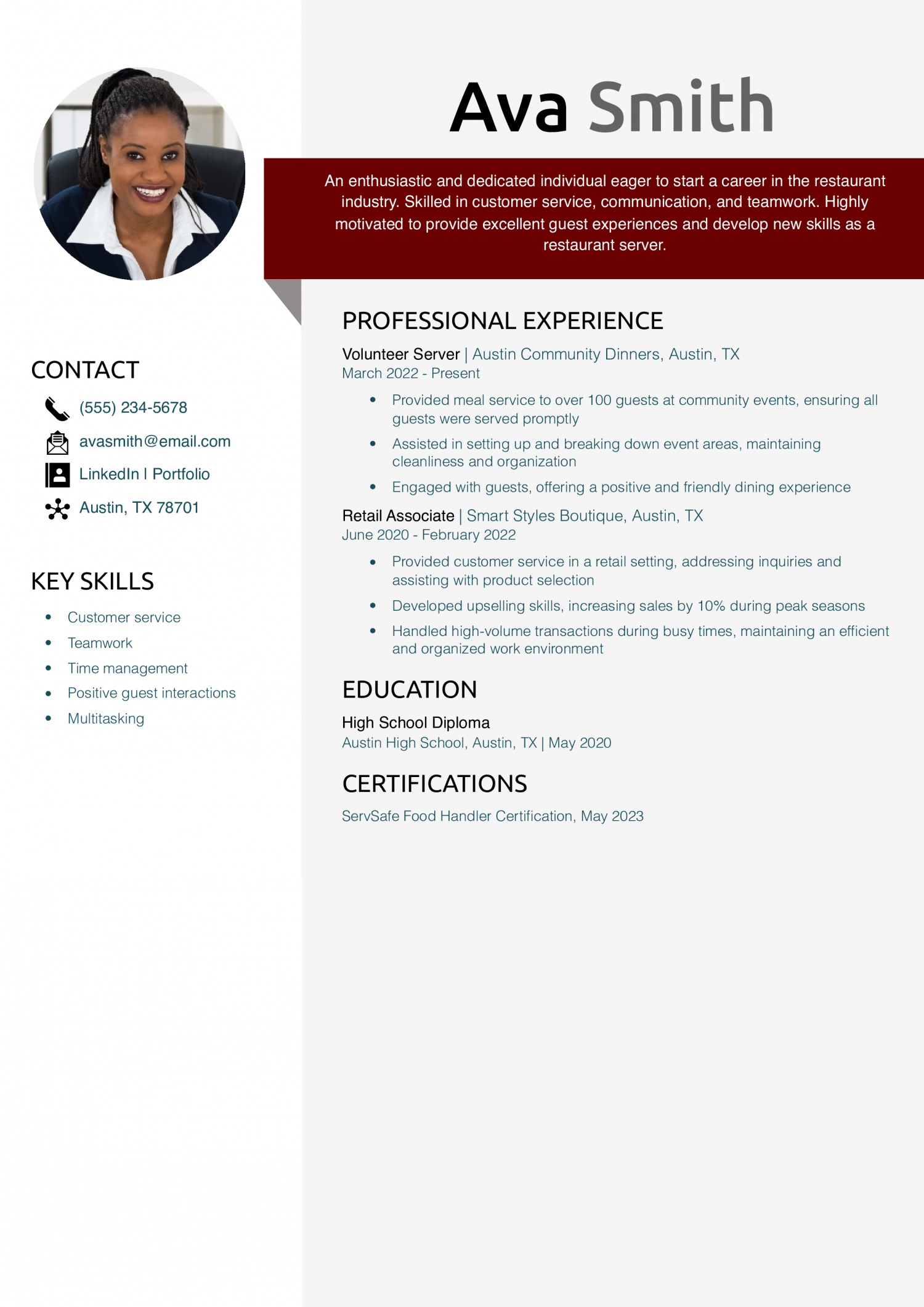 Resume for Restaurant Server with No Experience Example