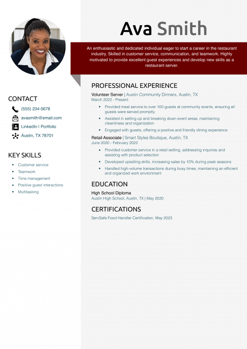 Resume for Restaurant Server with No Experience Example