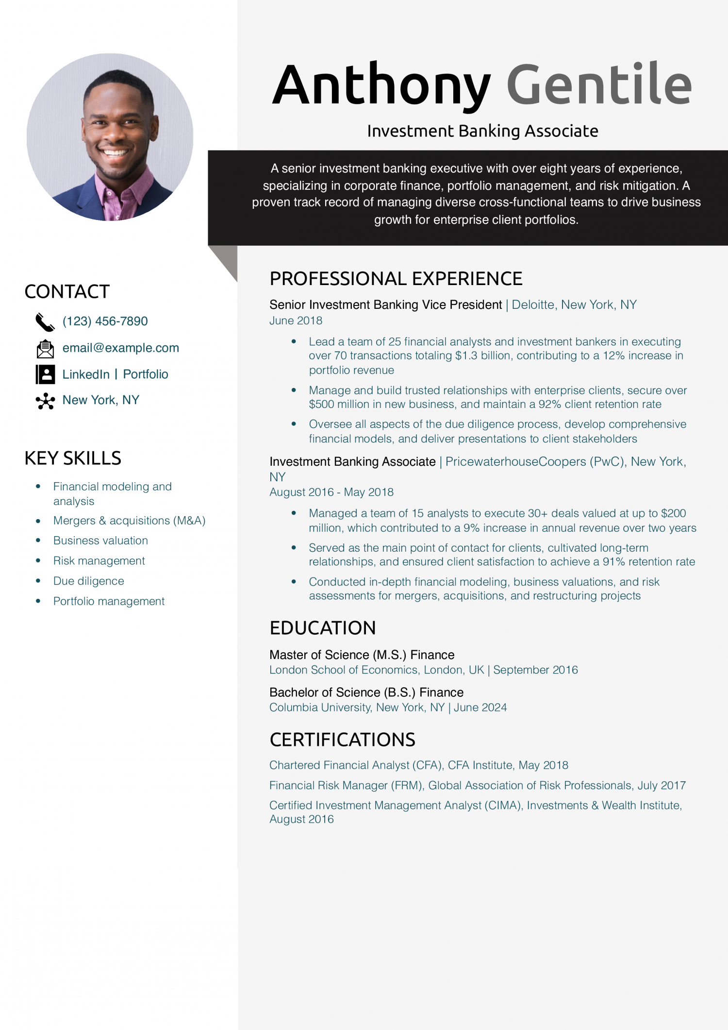 Investment Banking Associate Resume Example