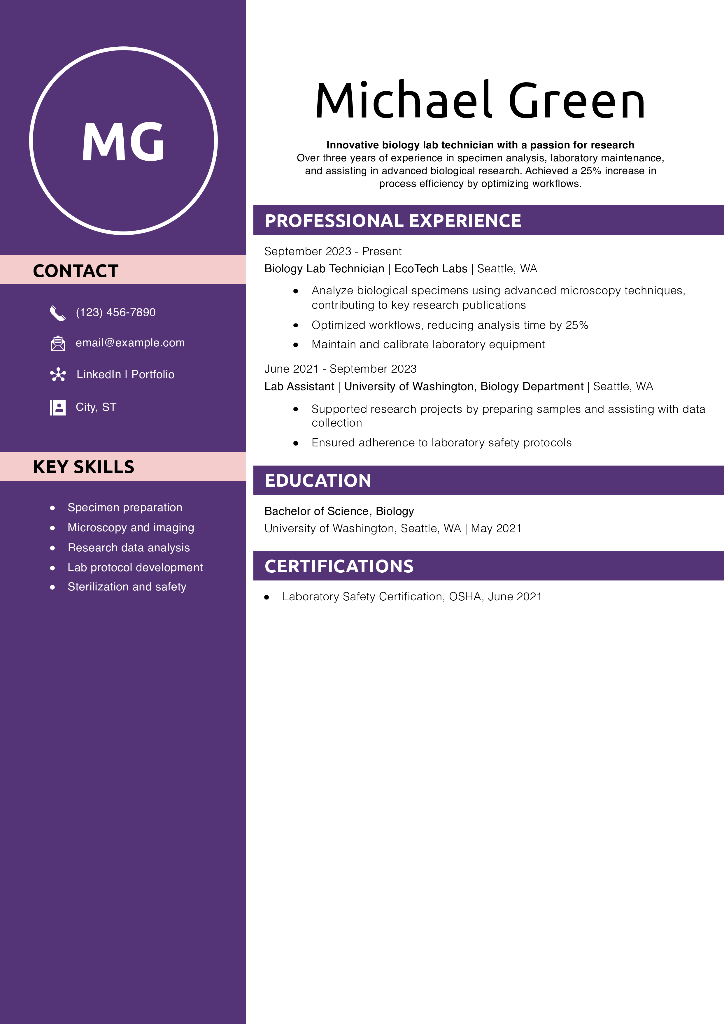 Biology Lab Technician Resume