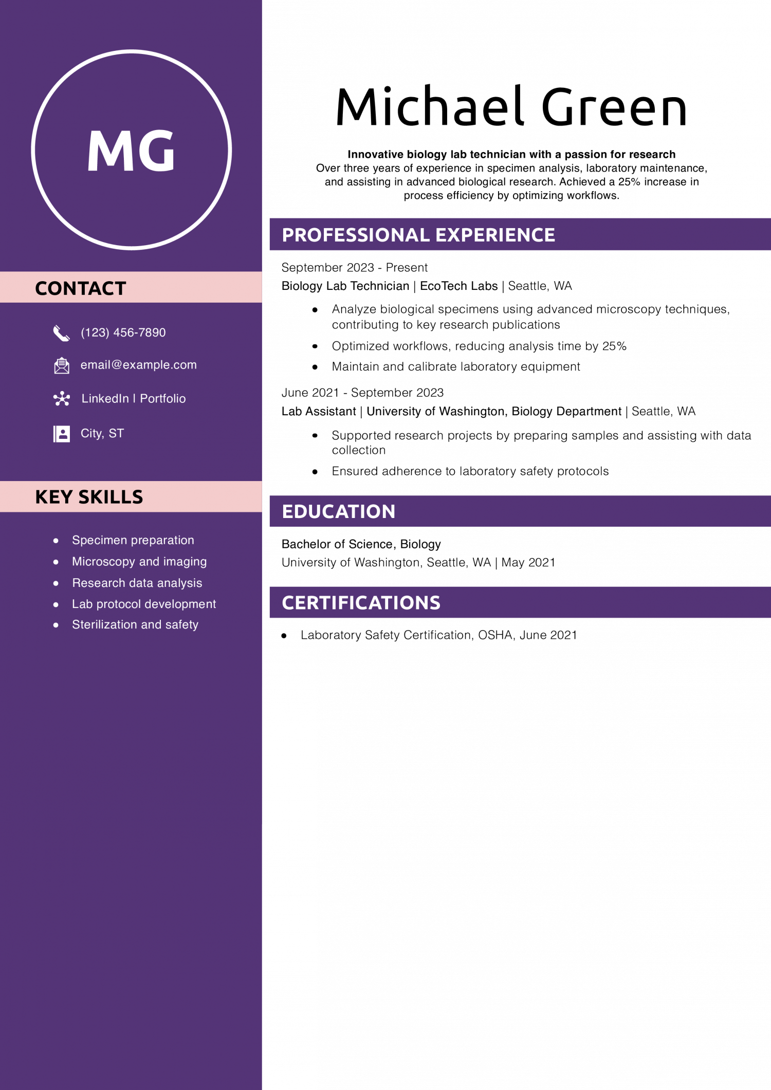 Biology Lab Technician Resume