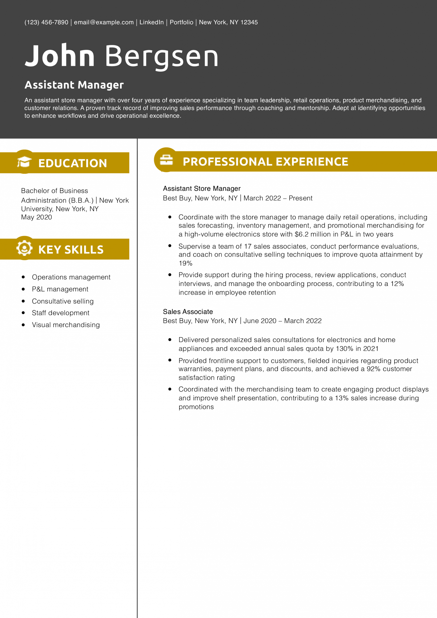 Assistant Manager Resume Example