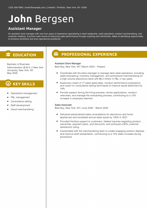 Assistant Manager Resume Example