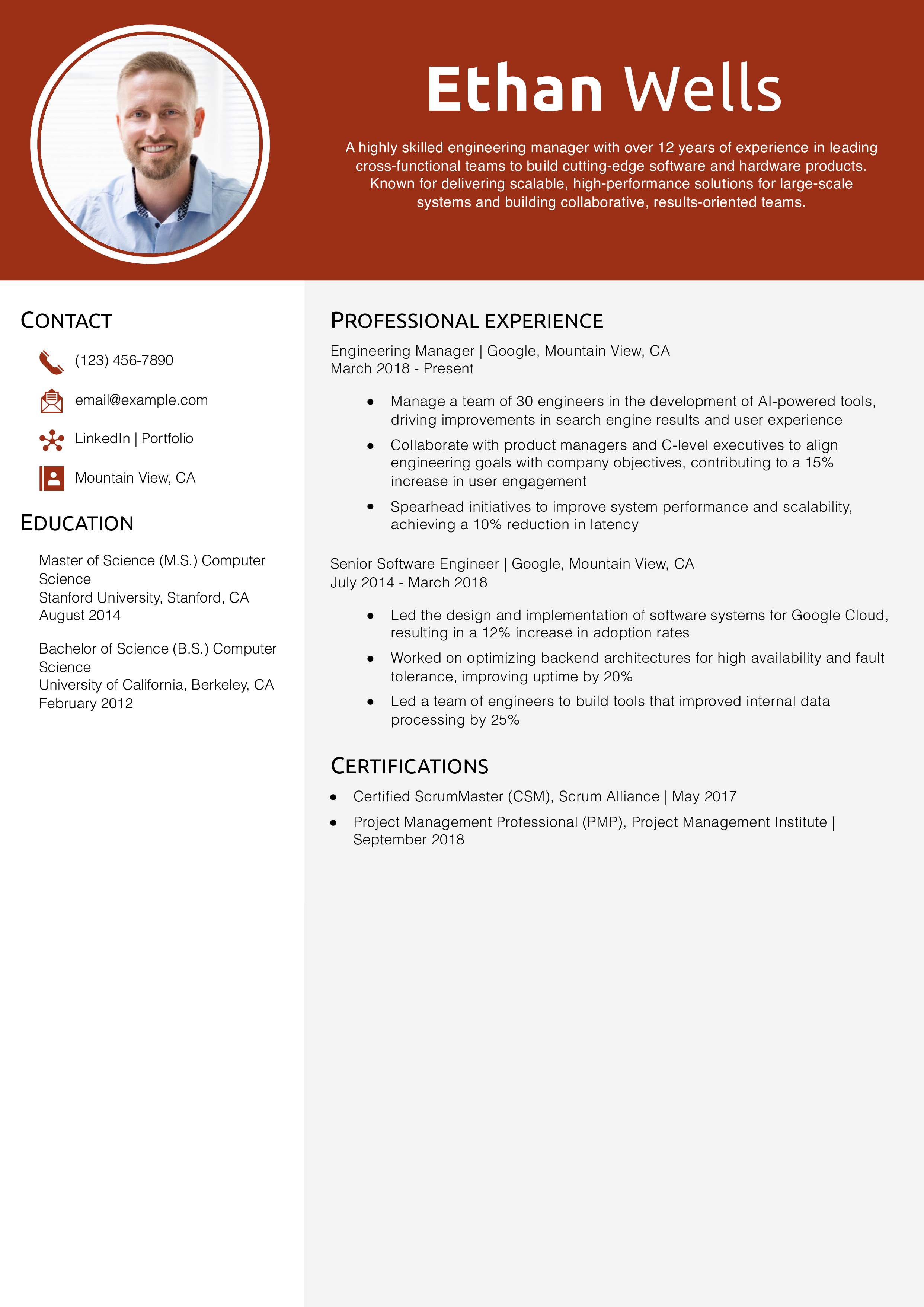 Google Engineering Manager Resume Example