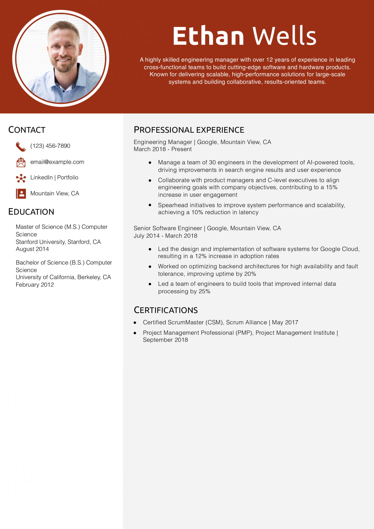 Google Engineering Manager Resume Example