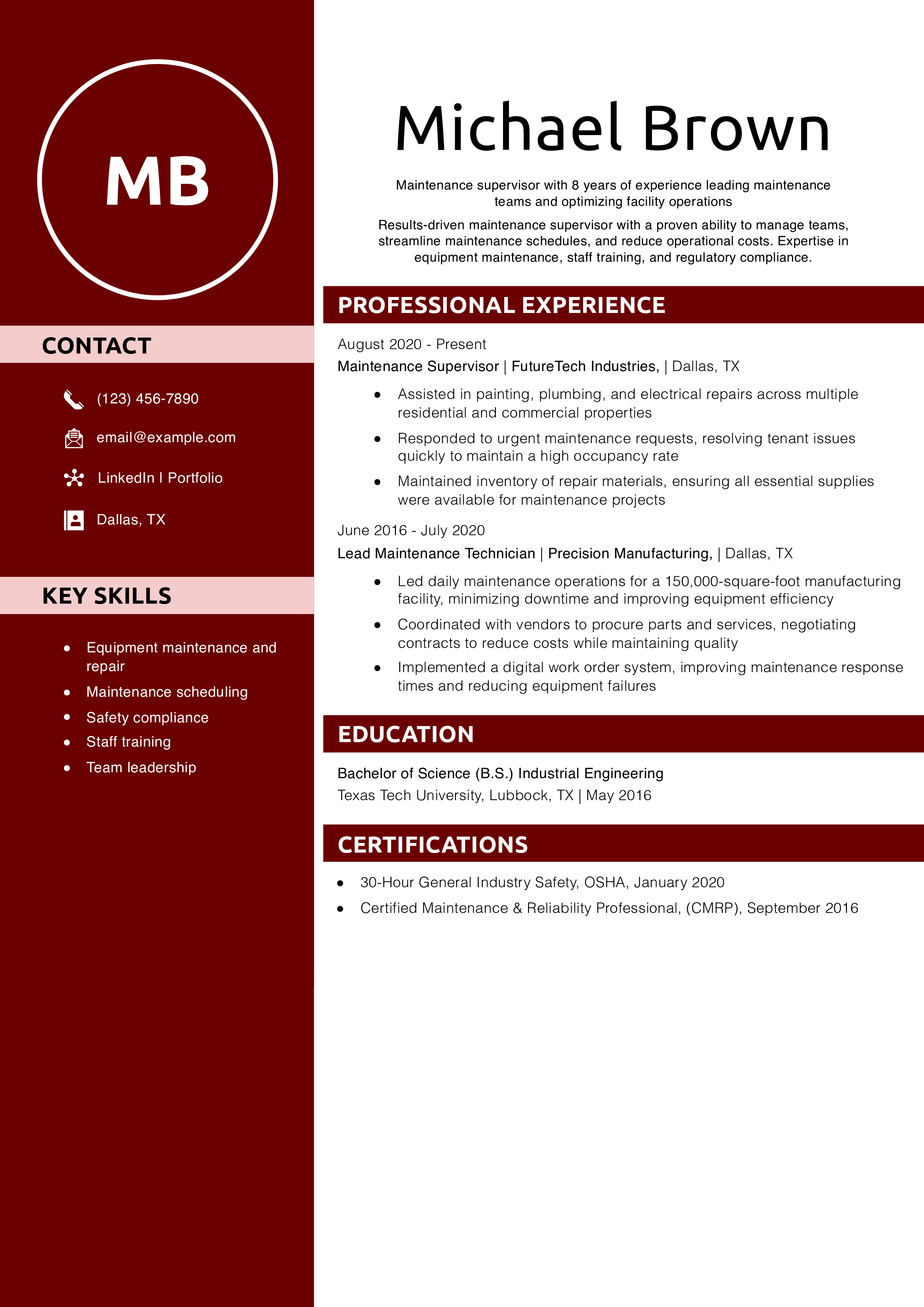 Maintenance Supervisor Resume Example