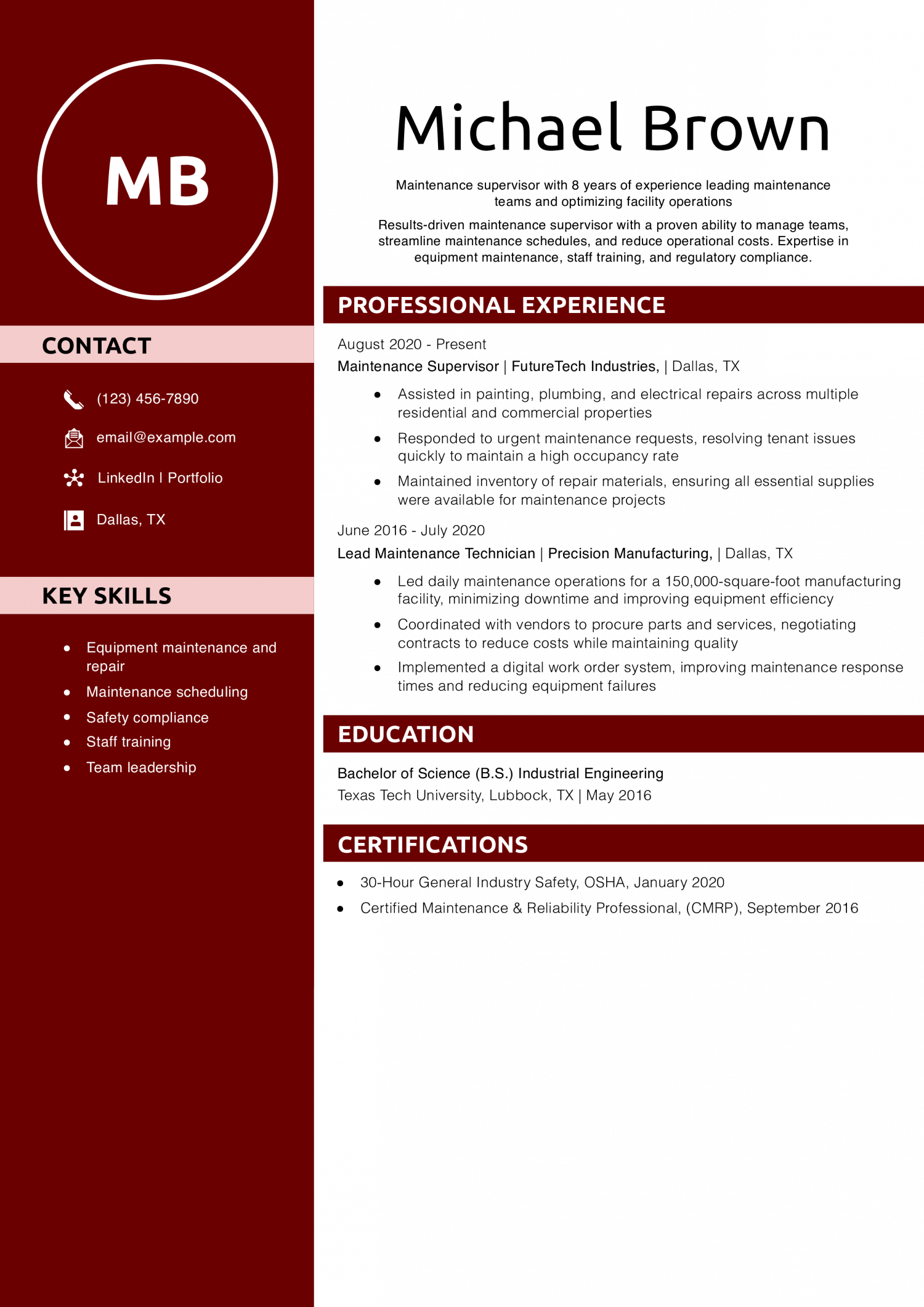 Maintenance Supervisor Resume Example