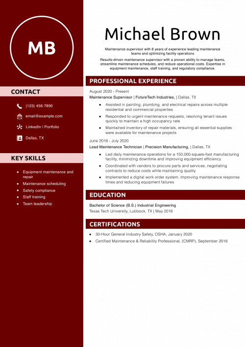 Maintenance Supervisor Resume Example