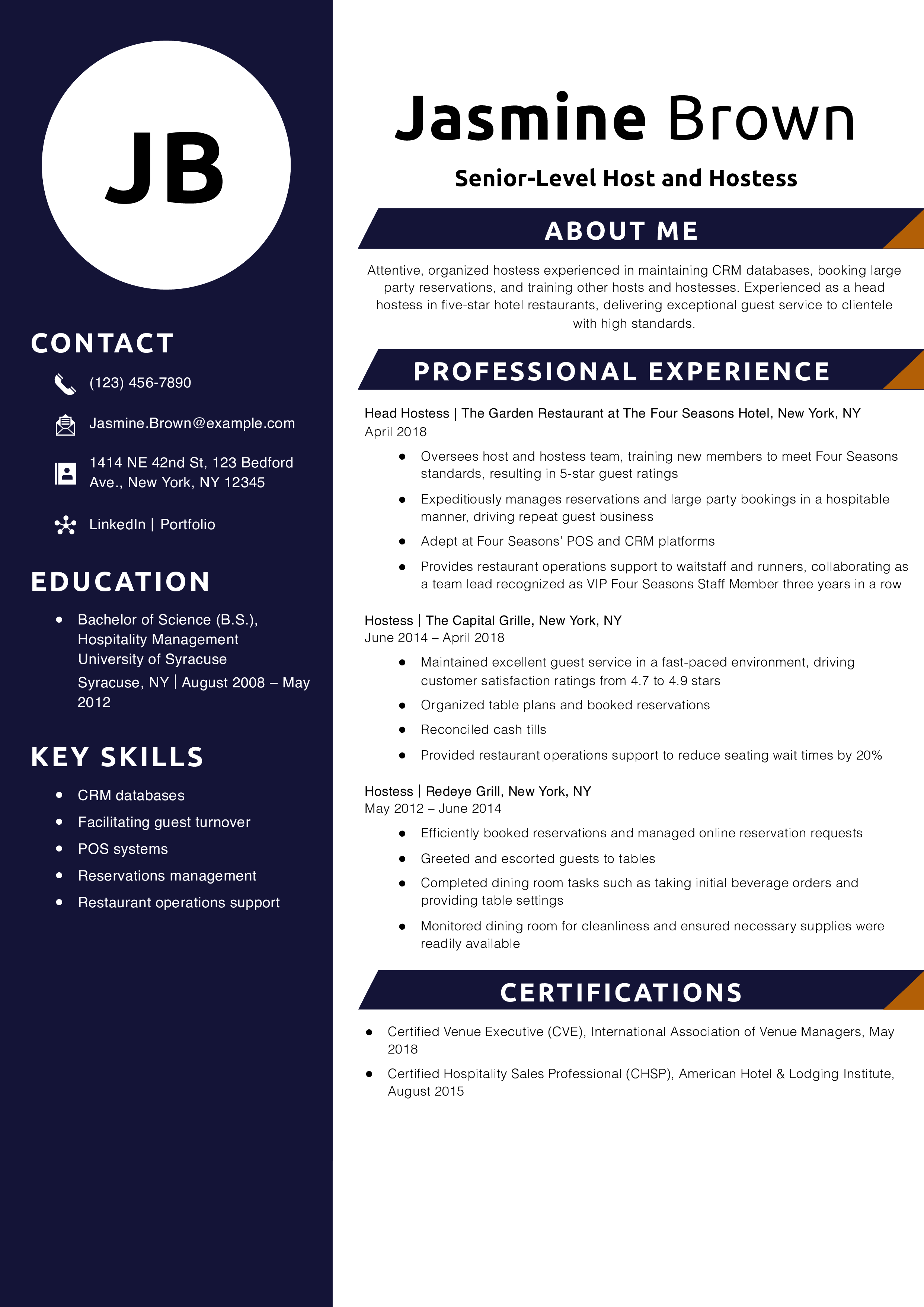 Senior-Level Host and Hostess Resume Example