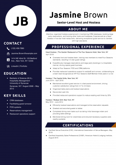 Senior-Level Host and Hostess Resume Example