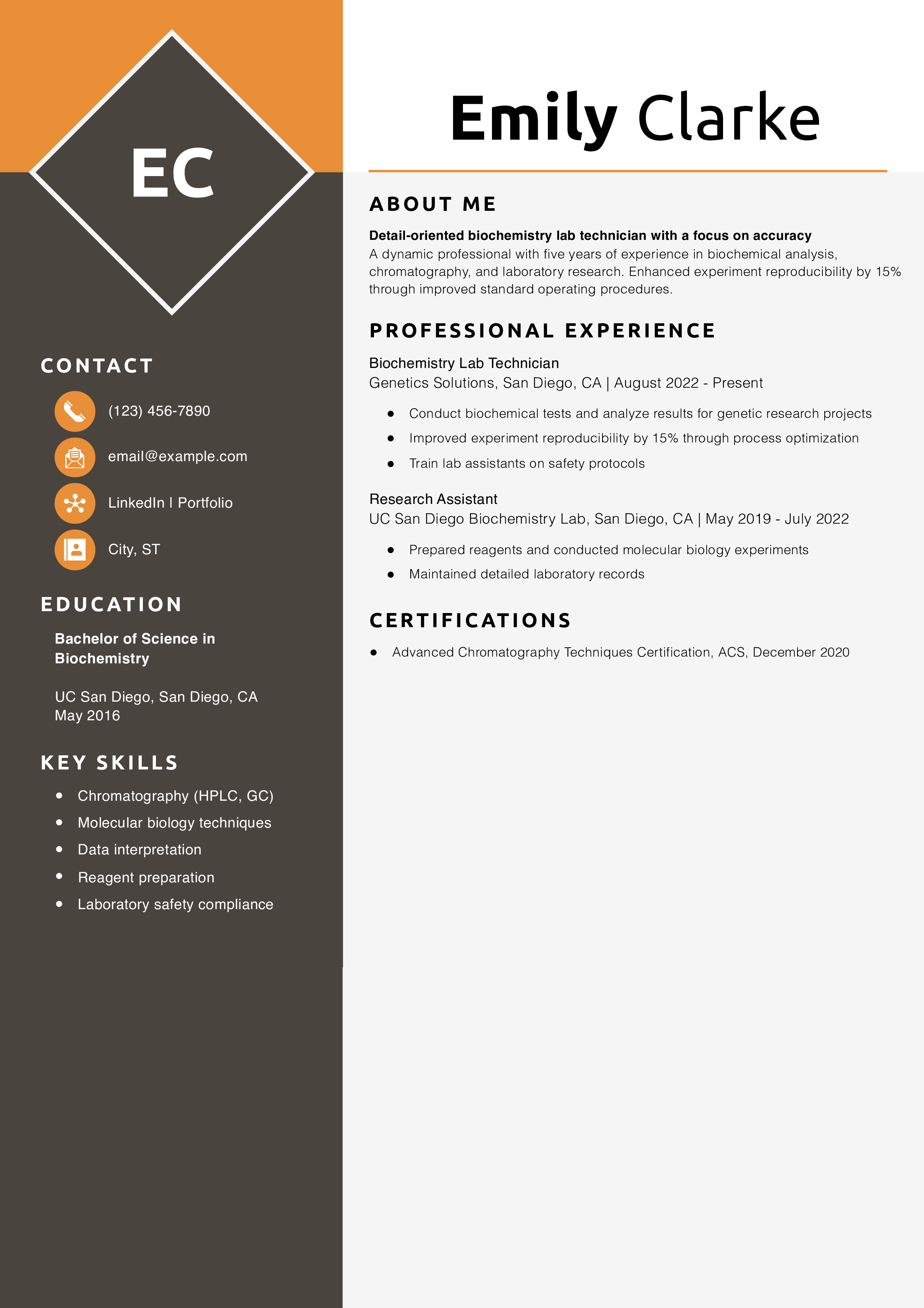 Biochemistry Lab Technician Resume Sample