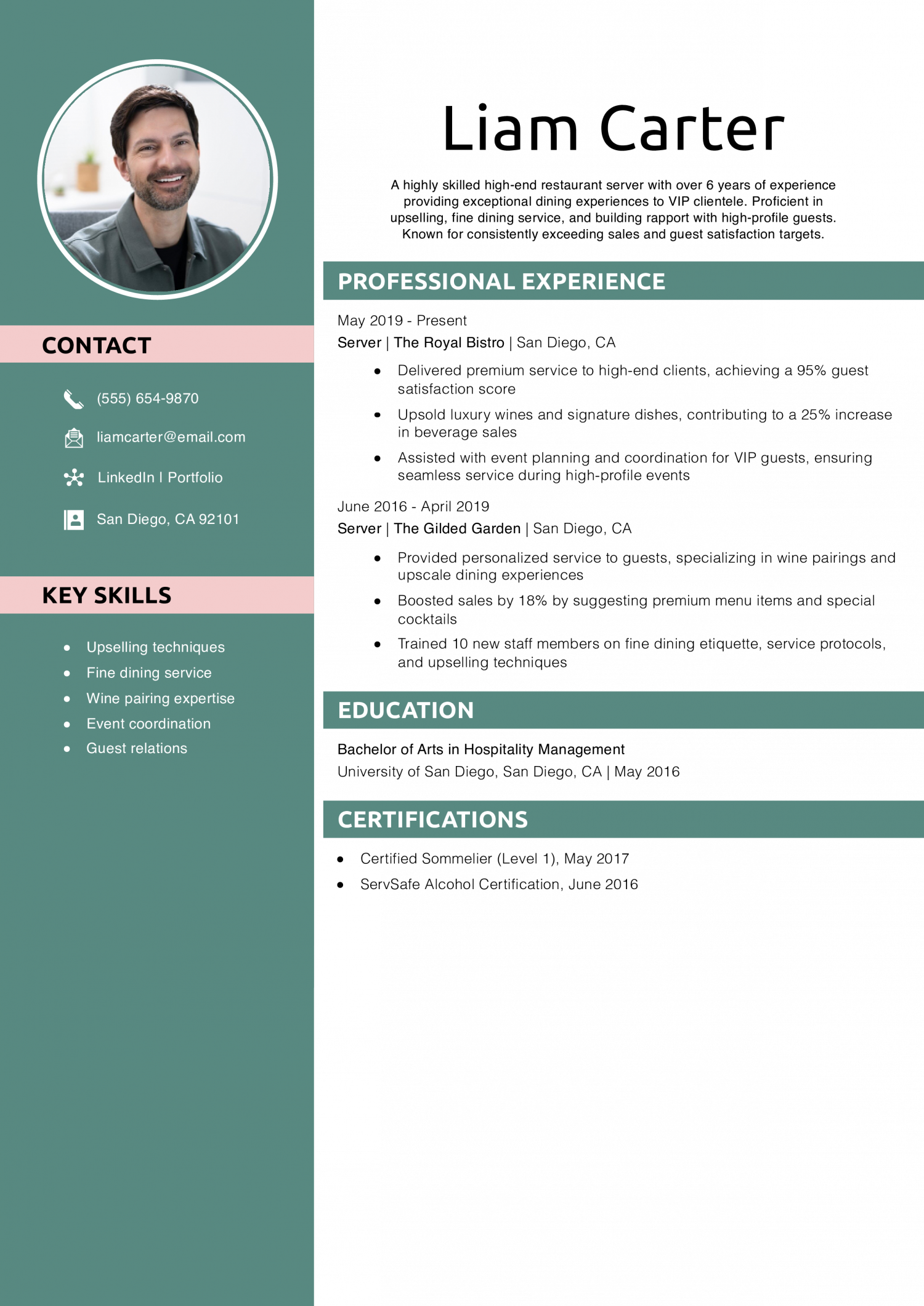 High-End Restaurant Server Resume Example