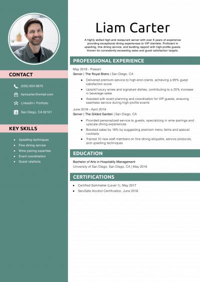 High-End Restaurant Server Resume Example