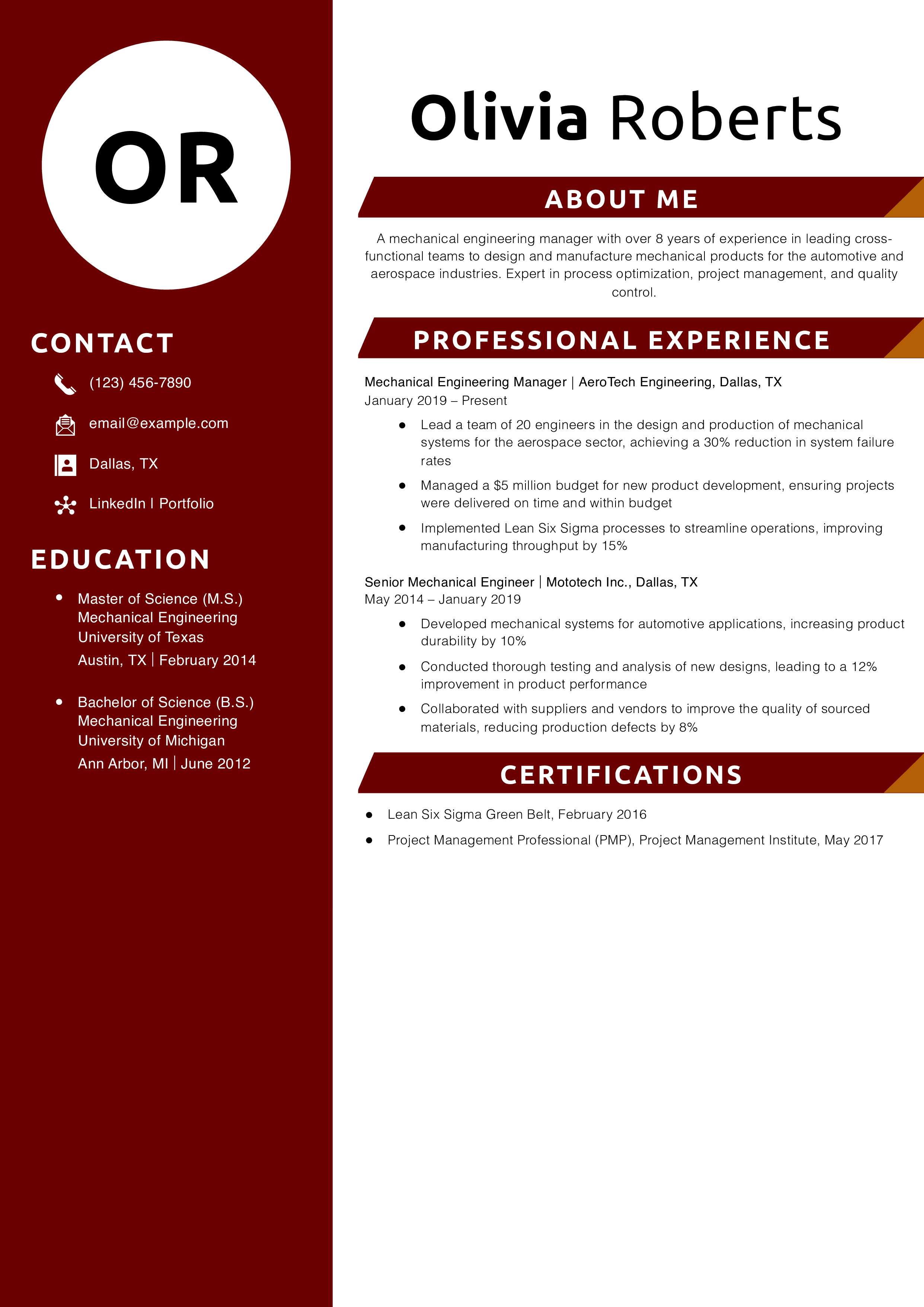 Product Design Mechanical Engineering Manager Resume Example