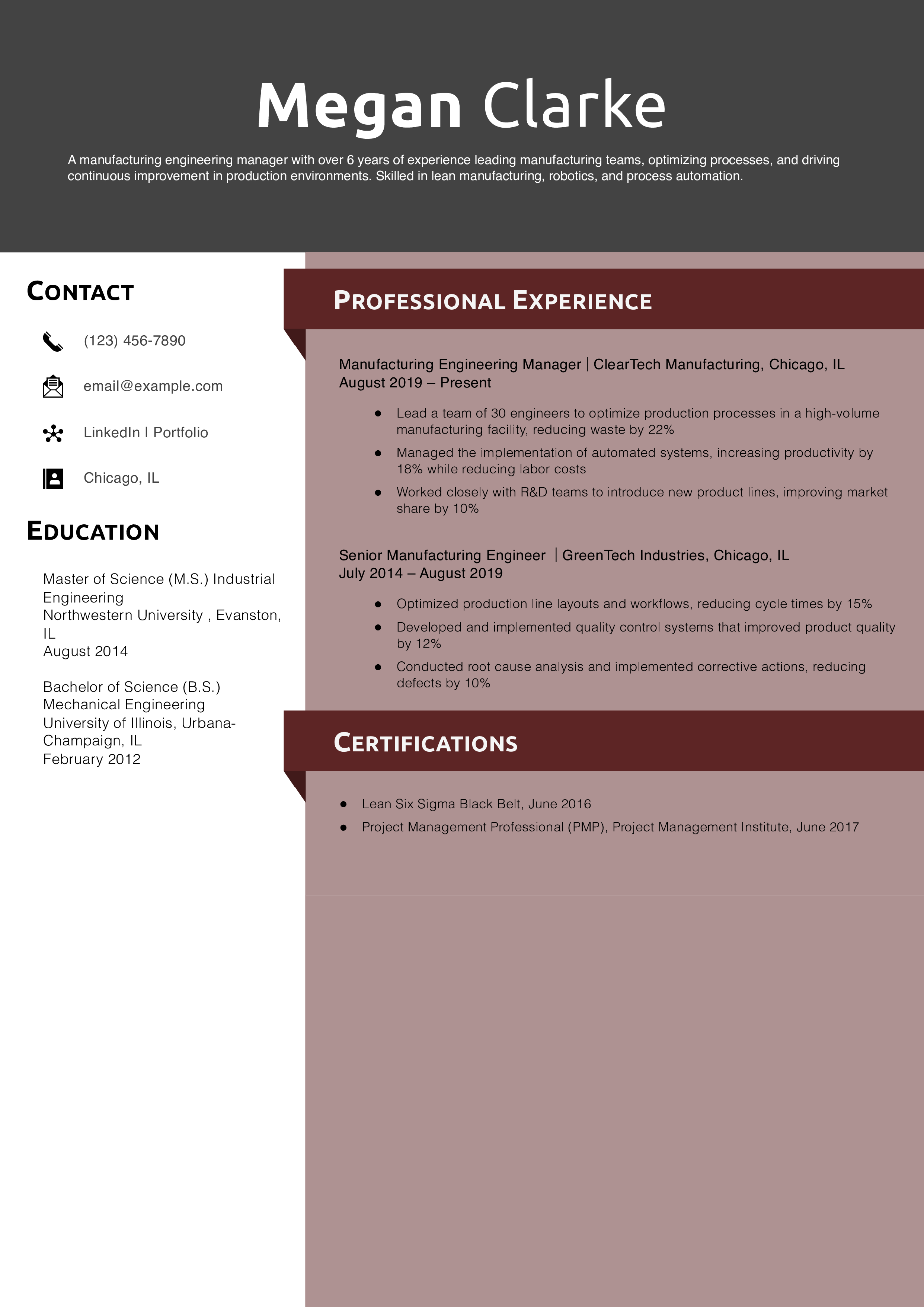 Lean Manufacturing Engineering Manager Resume Example