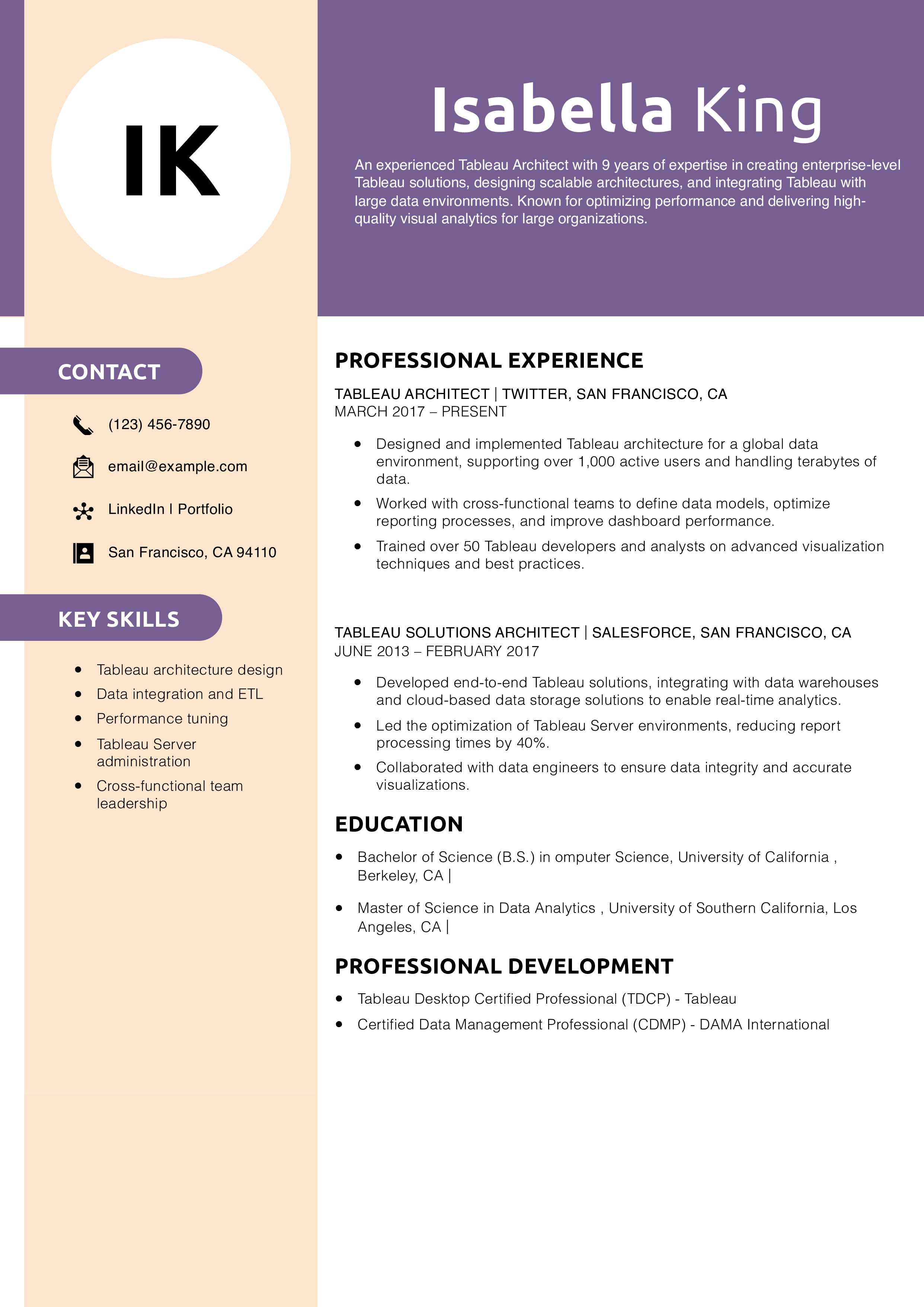 Tableau Architect Resume Example