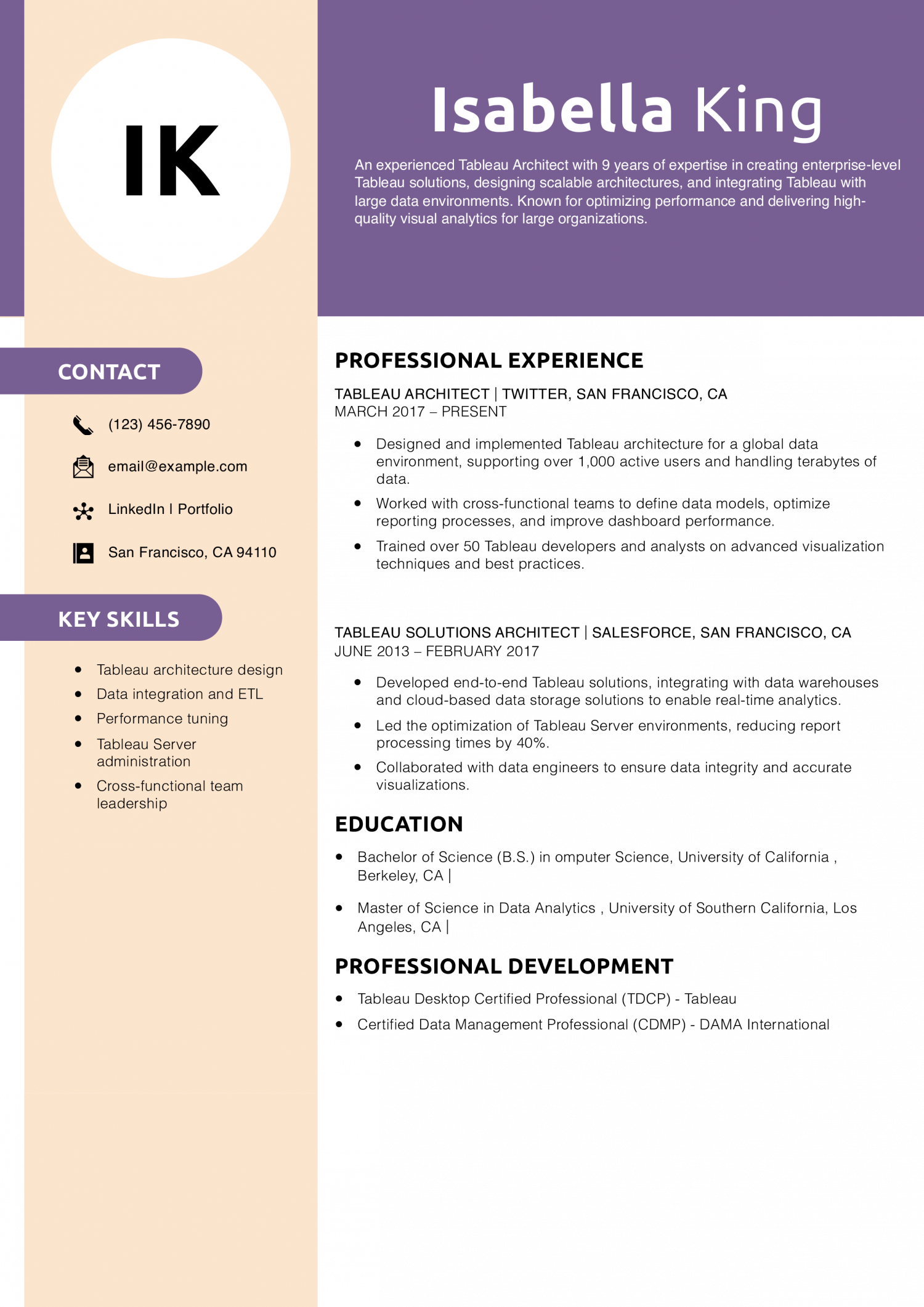 Tableau Architect Resume Example