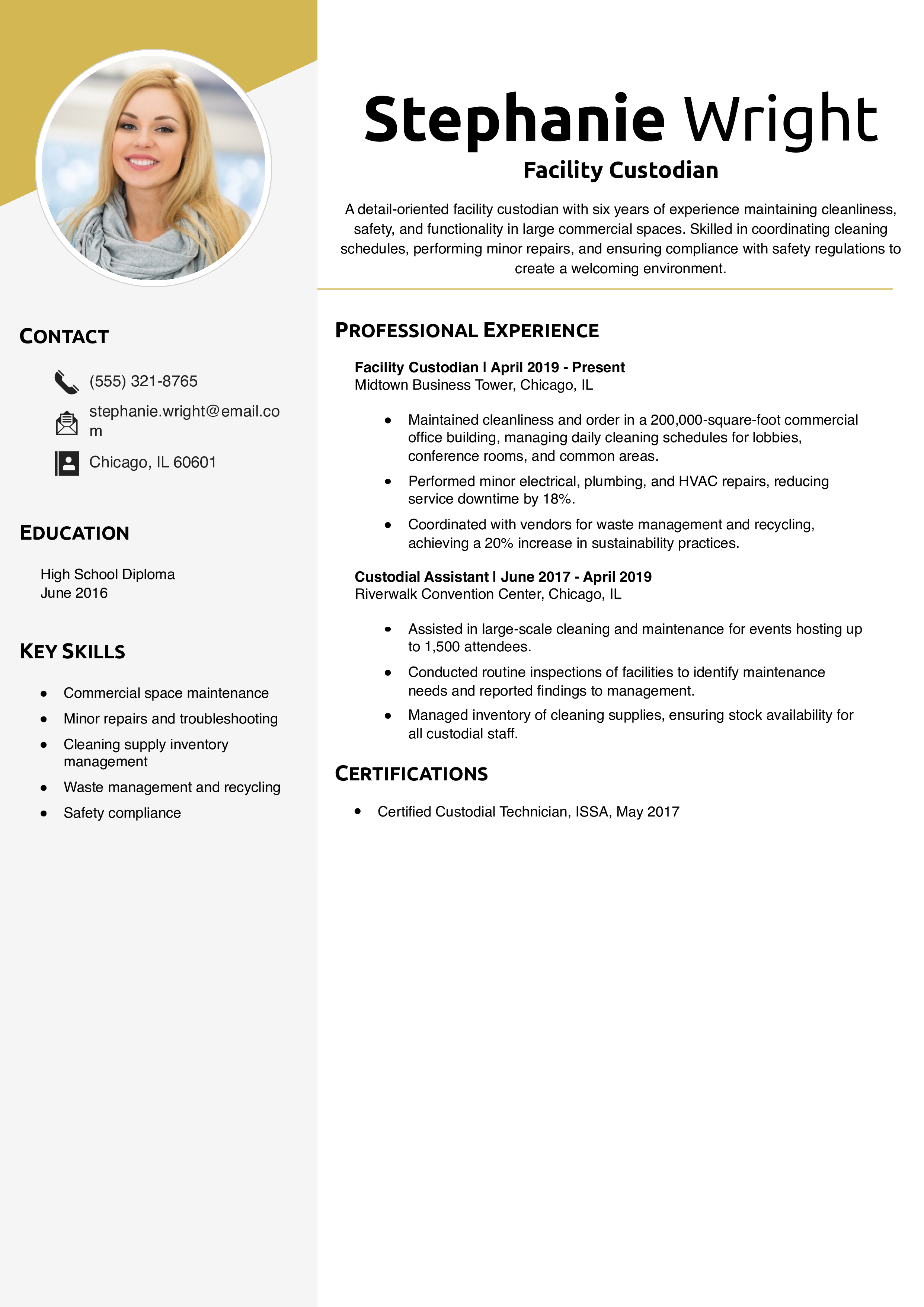 Facility Custodian Resume Example