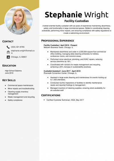 Facility Custodian Resume Example