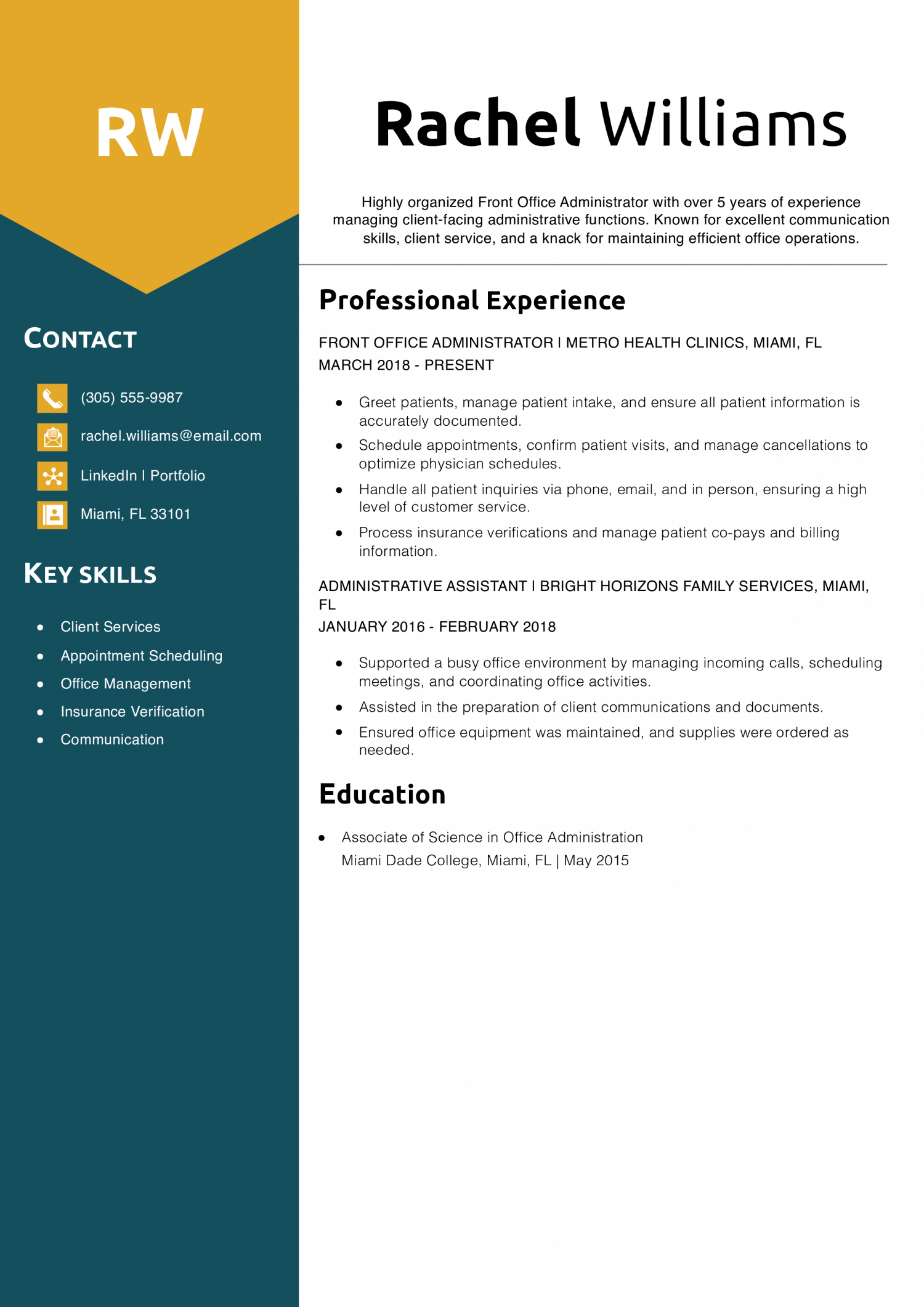 Front Office Administrator Resume Example