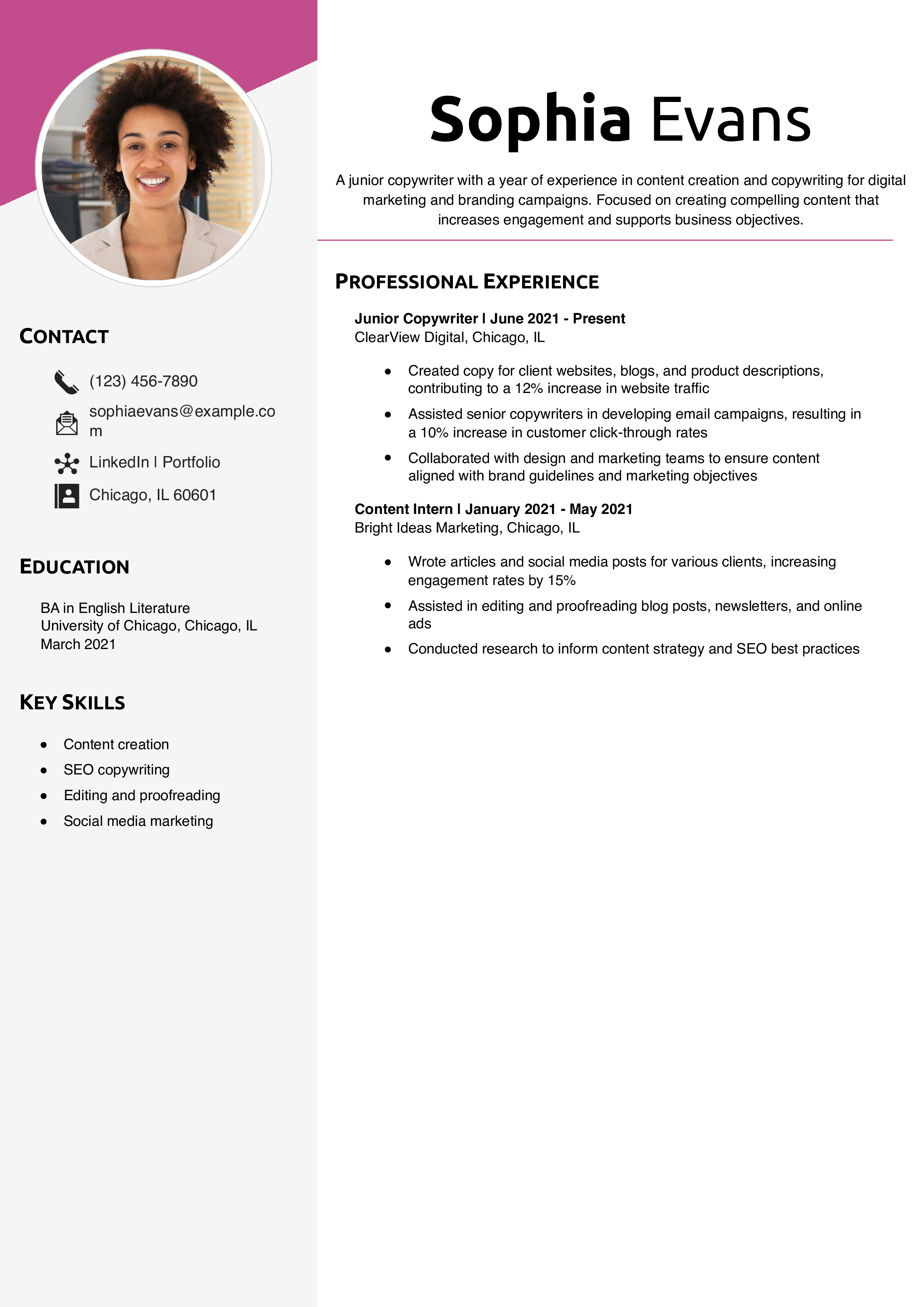 Junior Digital Copywriter Resume Example